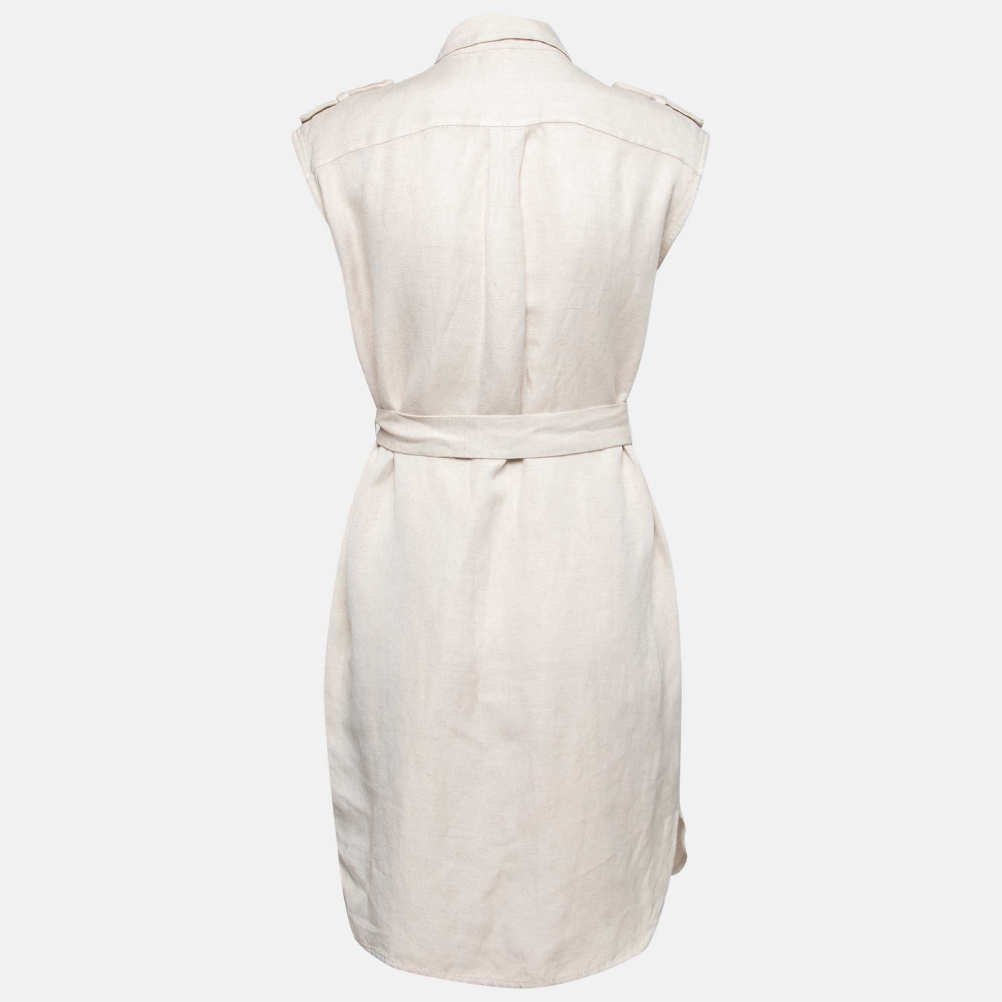 

CH Carolina Herrera Beige Textured Linen Sleeveless Belted Mini Dress