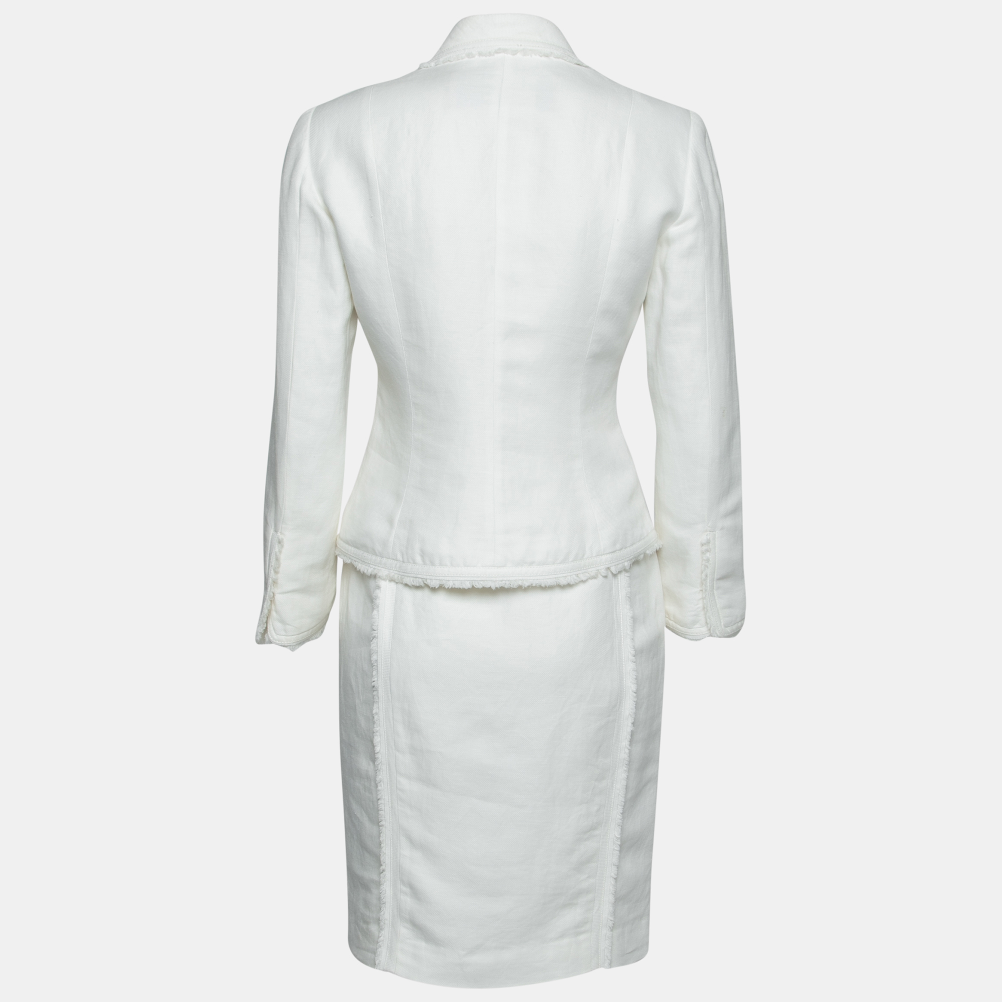 

CH Carolina Herrera White Linen Frayed Edged Double Breasted Blazer & Skirt Set