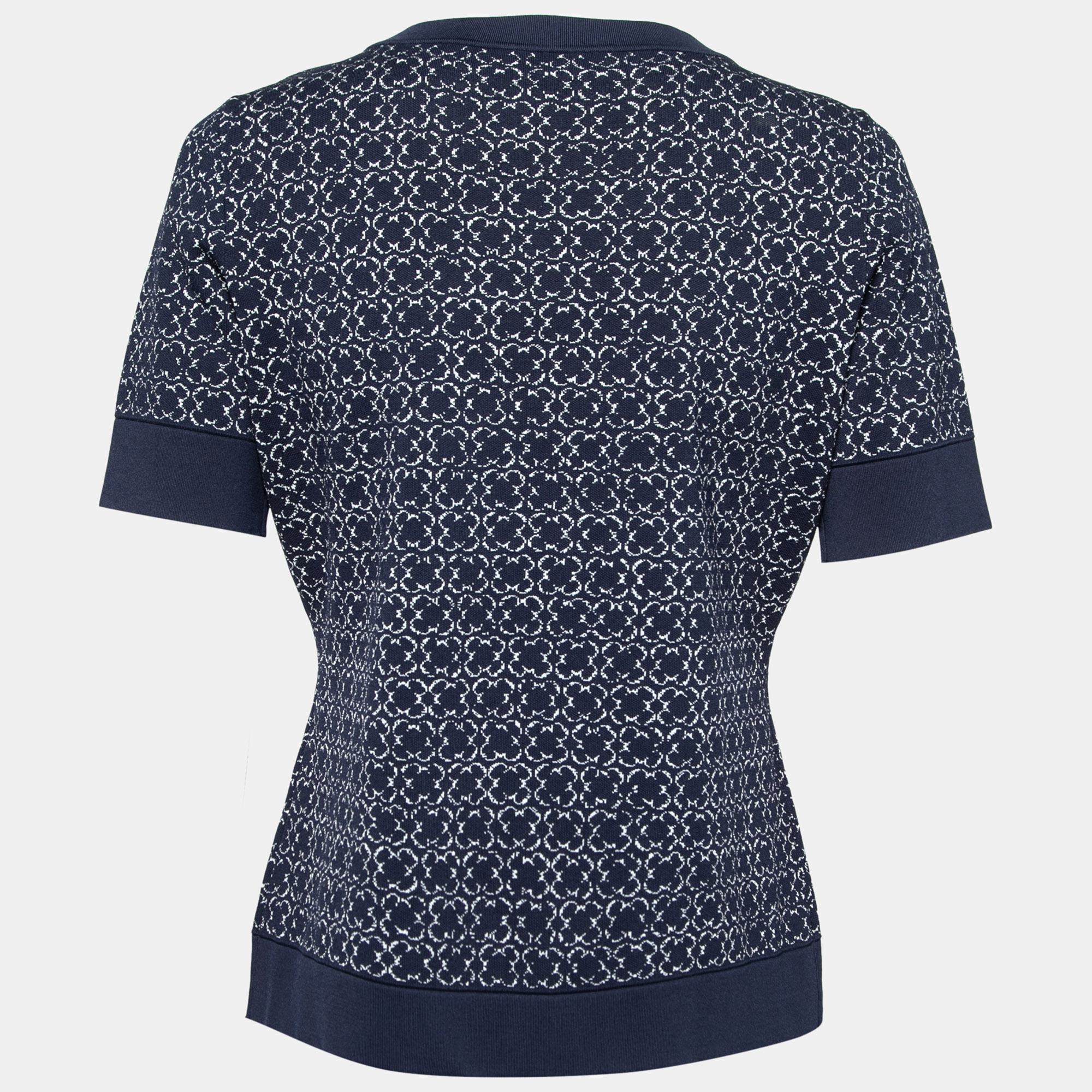 

CH Carolina Herrera Navy Blue Patterned Jacquard Knit Short Sleeve Top