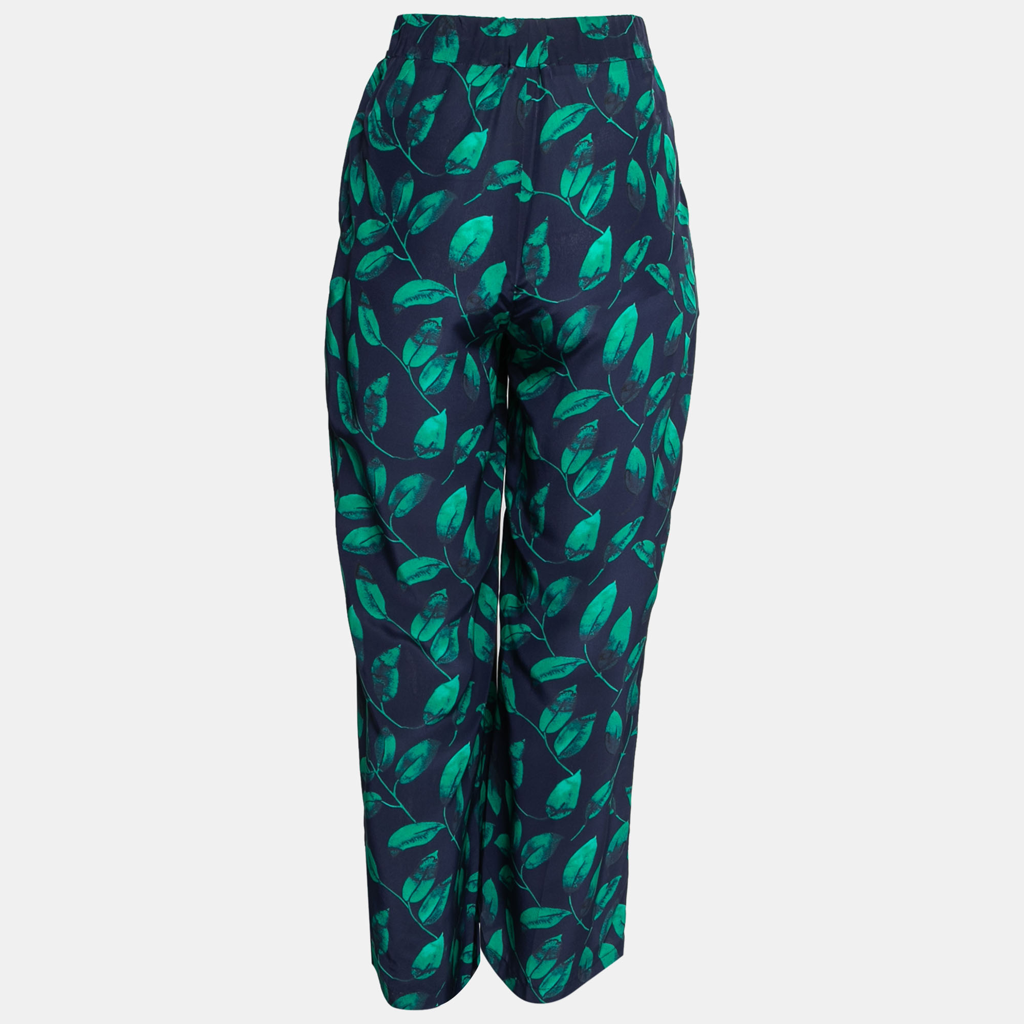 

CH Carolina Herrera Navy Blue Leaf Printed Silk Wide Leg Trousers  Waist 31