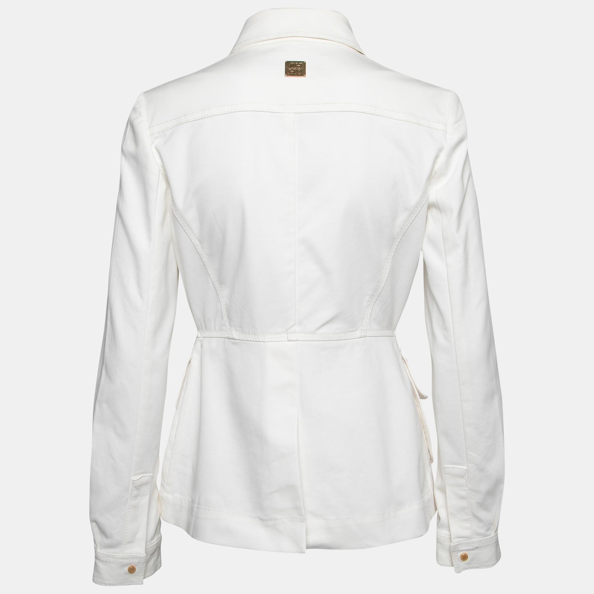 

CH Carolina Herrera White Cotton Stretch Zip Front Peplum Jacket