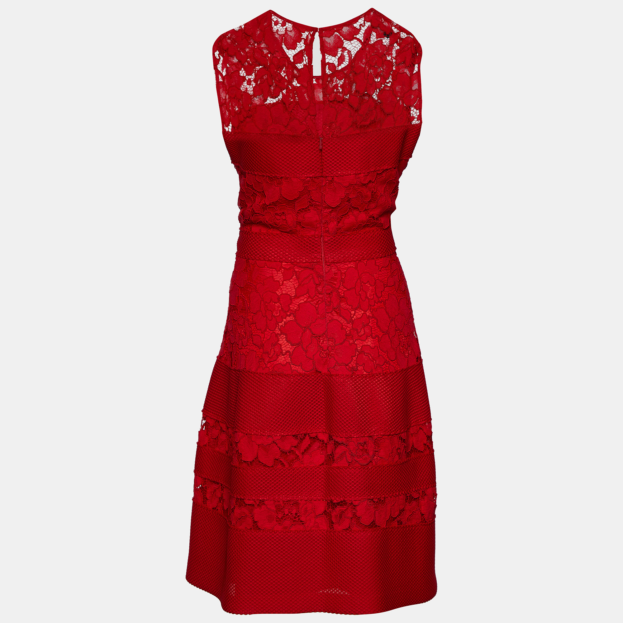 

CH Carolina Herrera Red Floral Lace & Mesh Paneled Sleeveless Dress