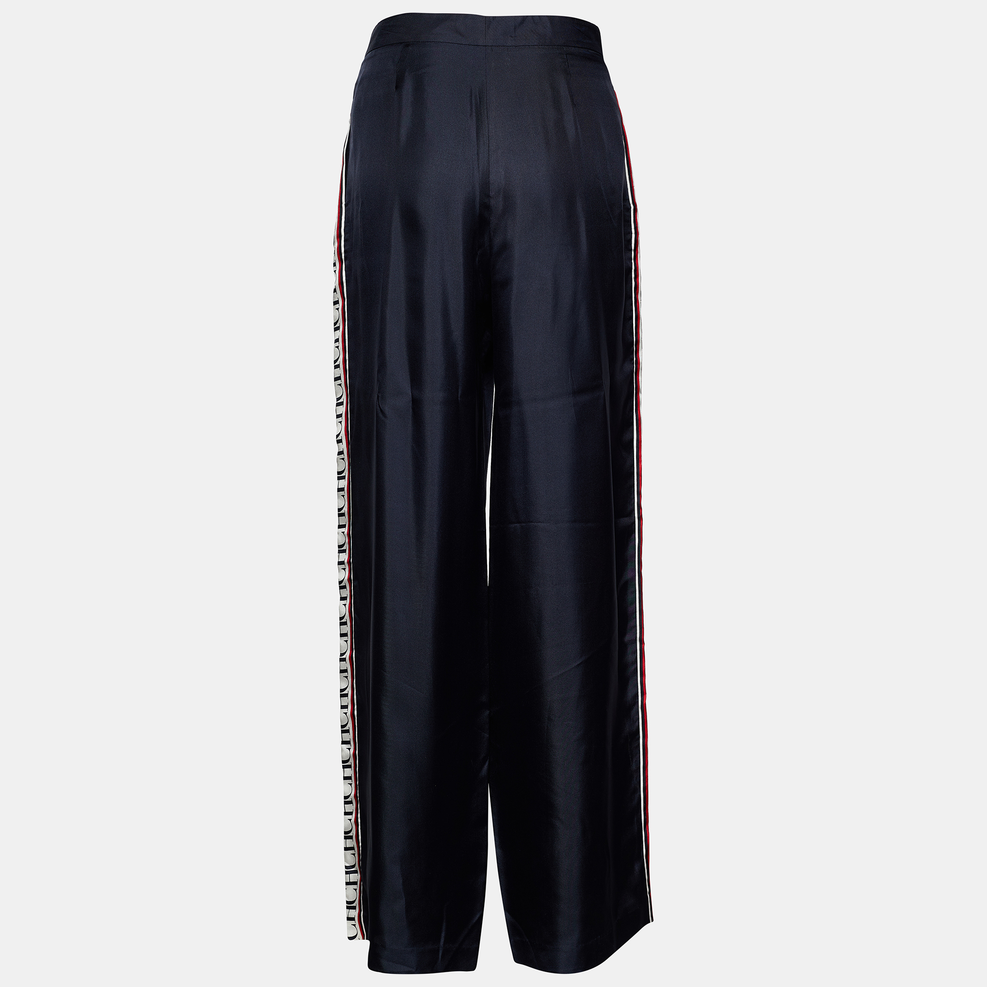 

CH Carolina Herrera Navy Blue Silk Logo Tape Pants
