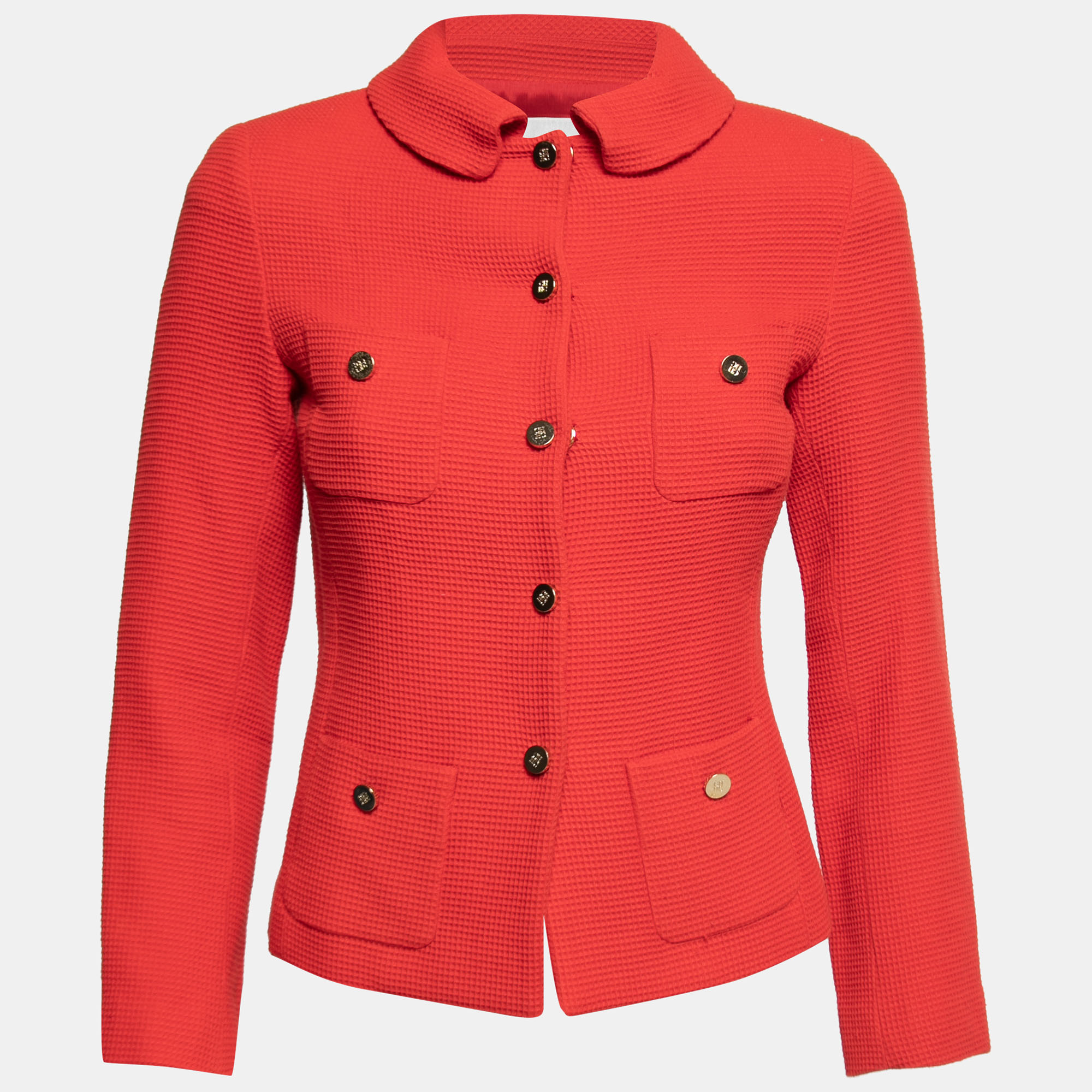 Pre-owned Ch Carolina Herrera Red Knit Button Front Jacket S