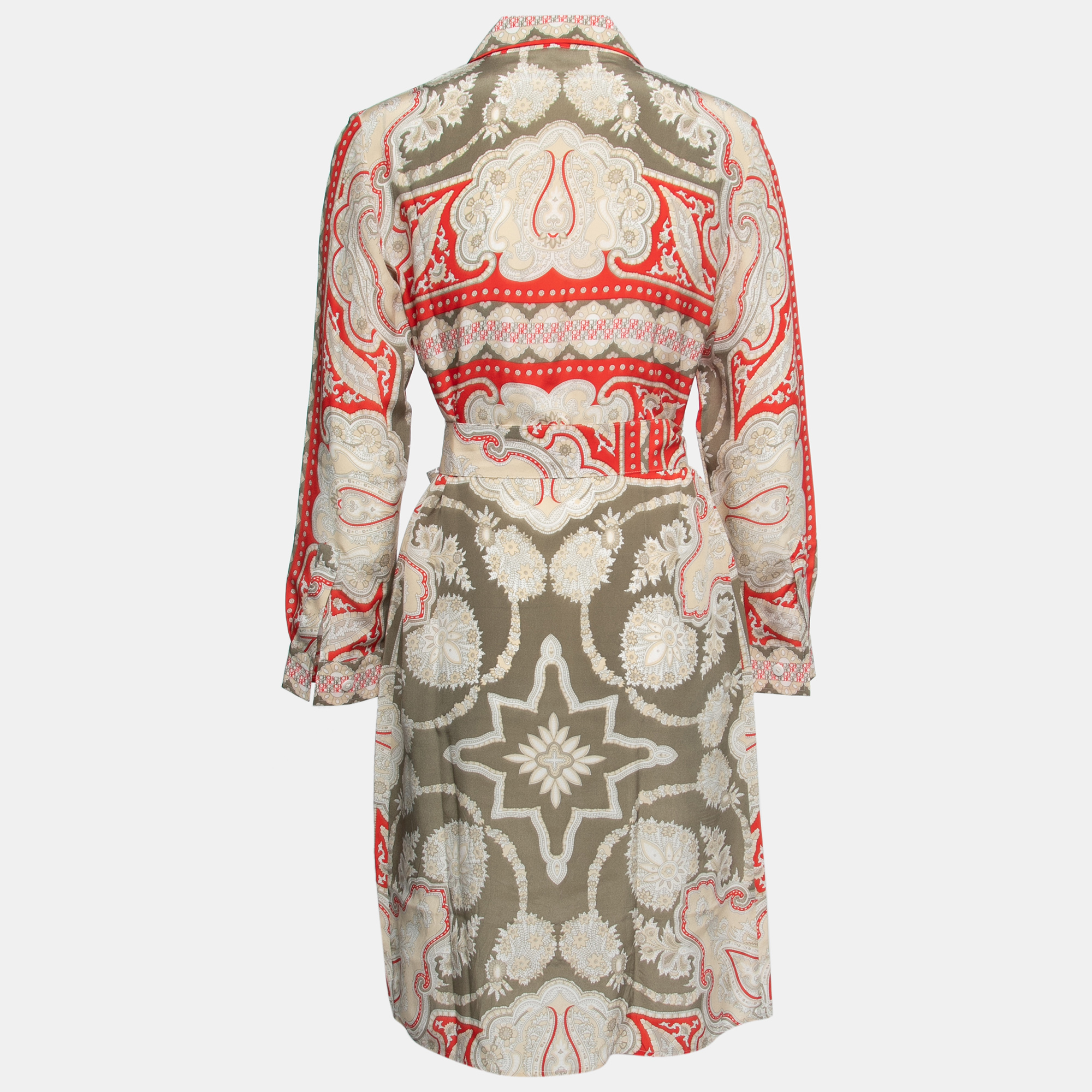 

CH Carolina Herrera Beige Multicolor Printed Silk Belted Shirt Dress