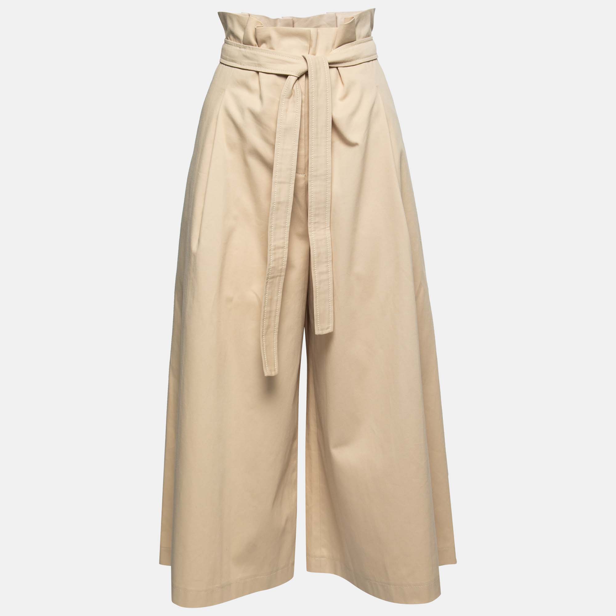 Pre Owned CH Carolina Herrera Beige Cotton Wide Leg Belted Trousers M