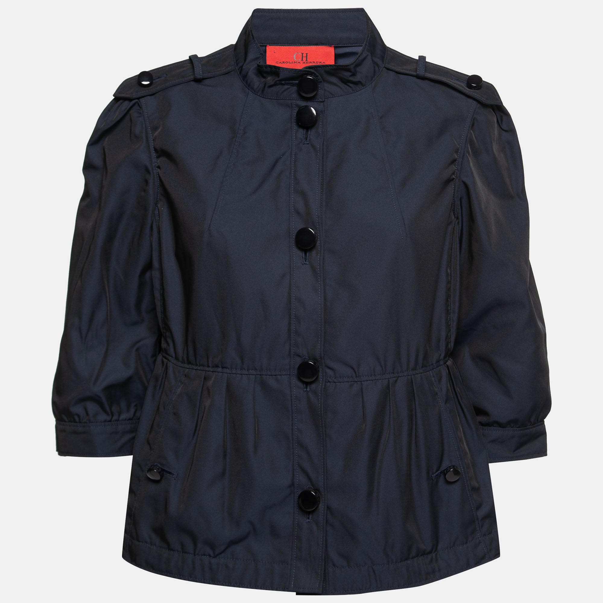 Pre-owned Ch Carolina Herrera Navy Blue Synthetic Cropped-sleeve Peplum Jacket L