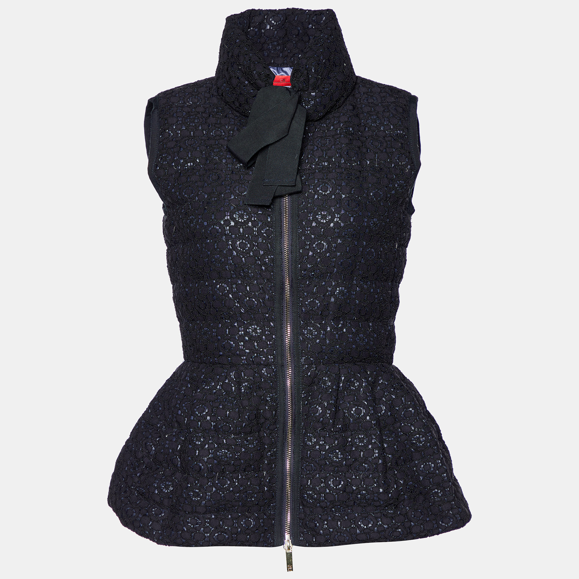 Pre-owned Ch Carolina Herrera Navy Blue Lace Quilted Sleeveless Jacket S
