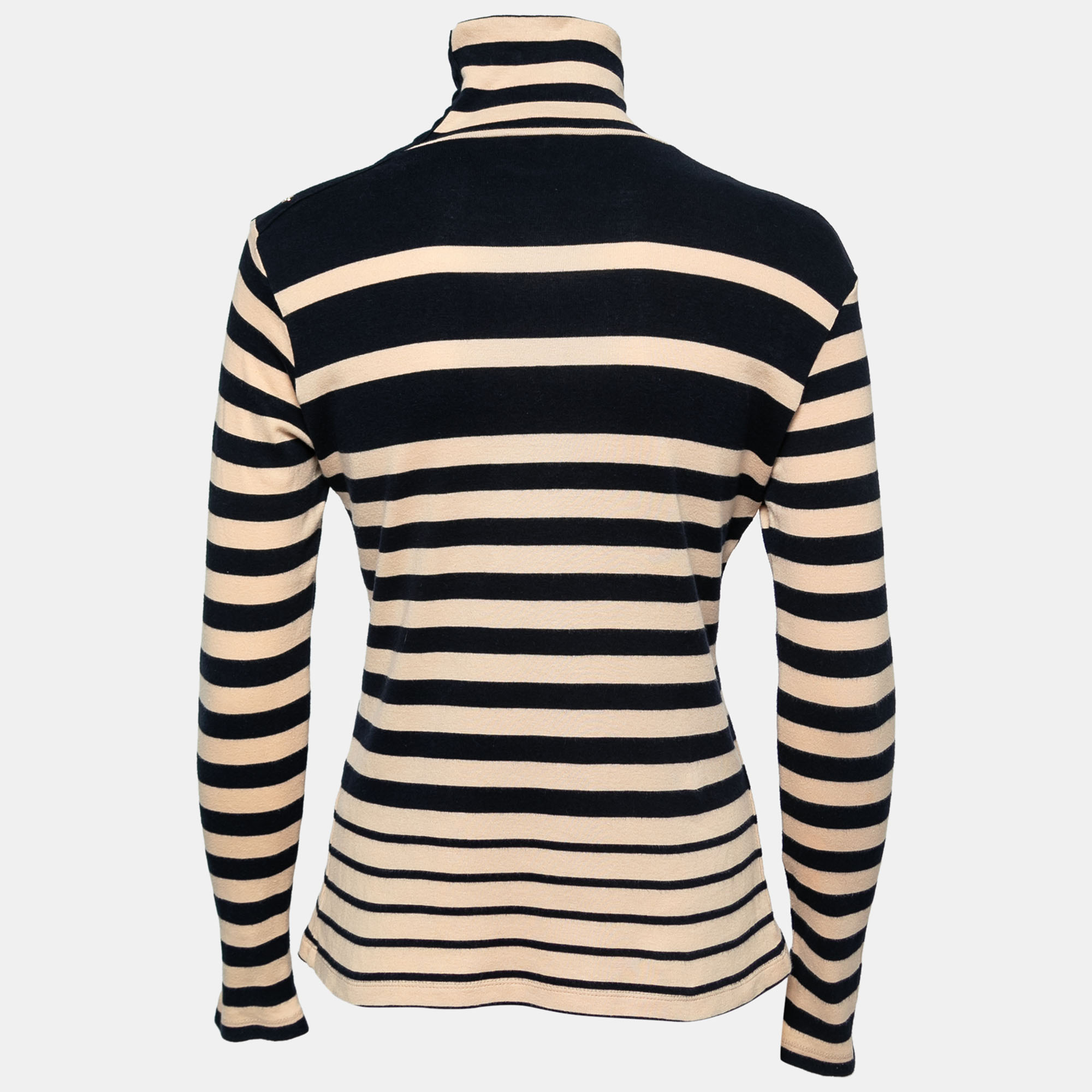 

CH Carolina Herrera Navy Blue & Beige Striped Knit Turtleneck Top
