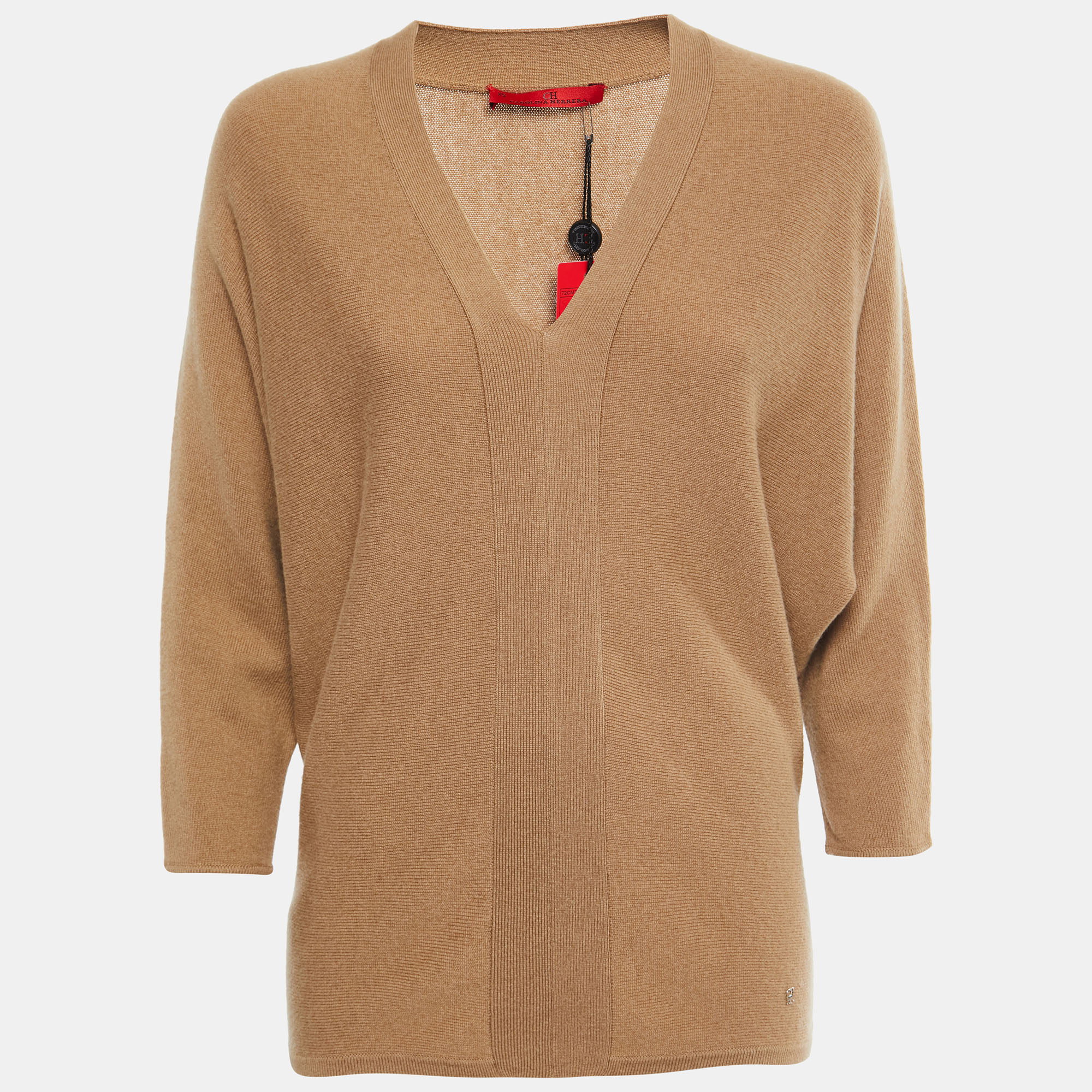 مملوكة مسبقًا CH Carolina Herrera Tan Brown Wool V-Neck Sweater Top XS