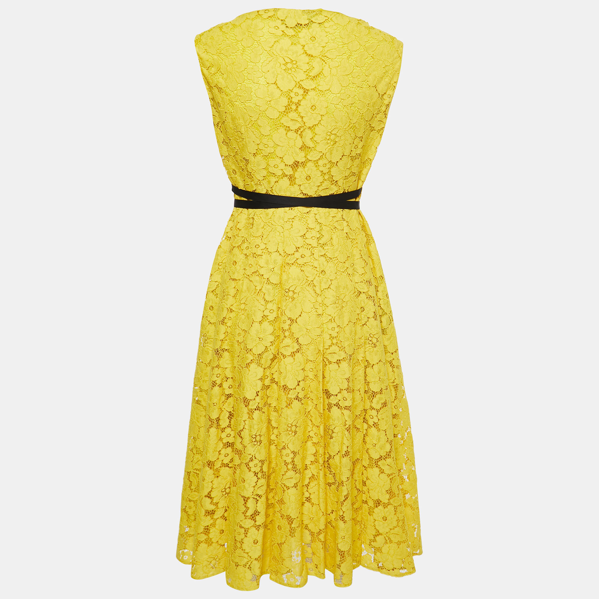 

CH Carolina Herrera Yellow Floral Lace Belted Flared Midi Dress