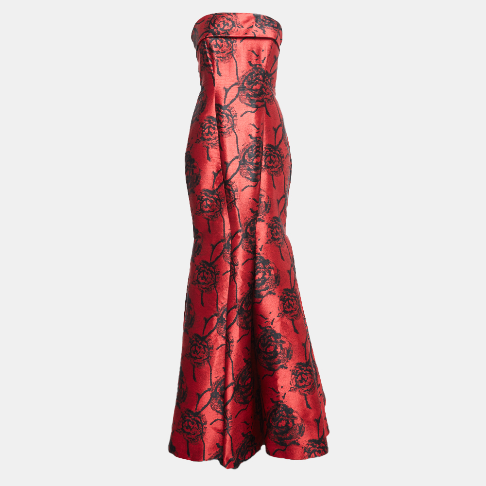 

CH Carolina Herrera Red & Black Floral Jacquard Strapless Mermaid Gown M