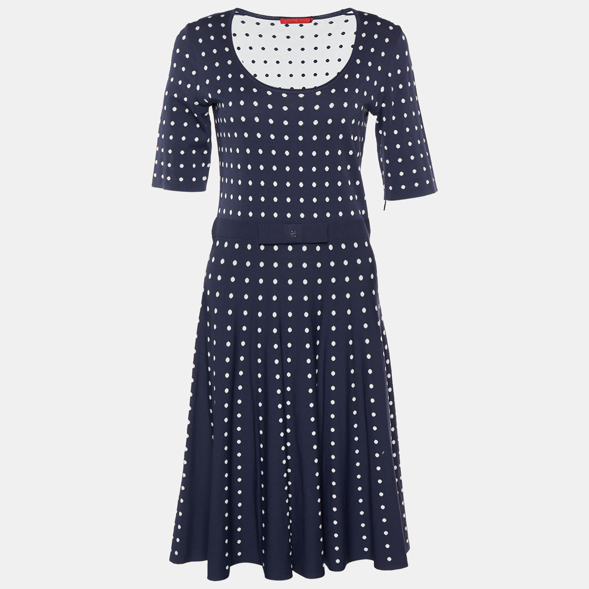 Pre Owned CH Carolina Herrera Navy Blue Polka Dot Jacquard Knit Midi Dress S
