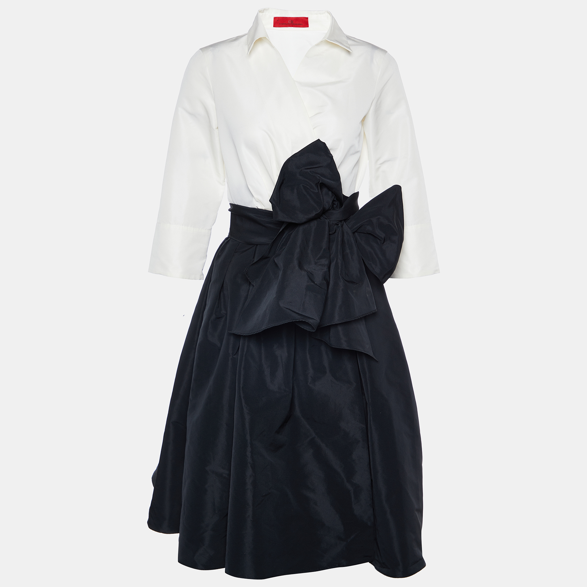 Pre Owned CH Carolina Herrera Monochrome Taffeta Flared Wrap Dress S 