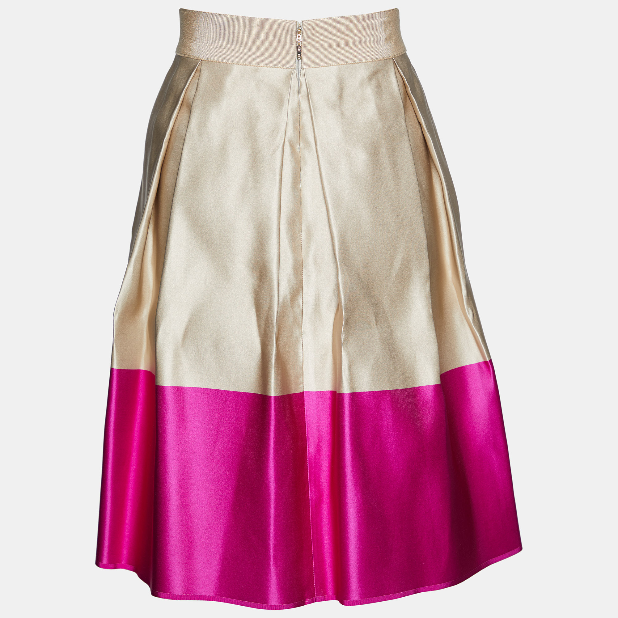 

CH Carolina Herrera Beige & Pink Silk Satin Pleated Midi Skirt