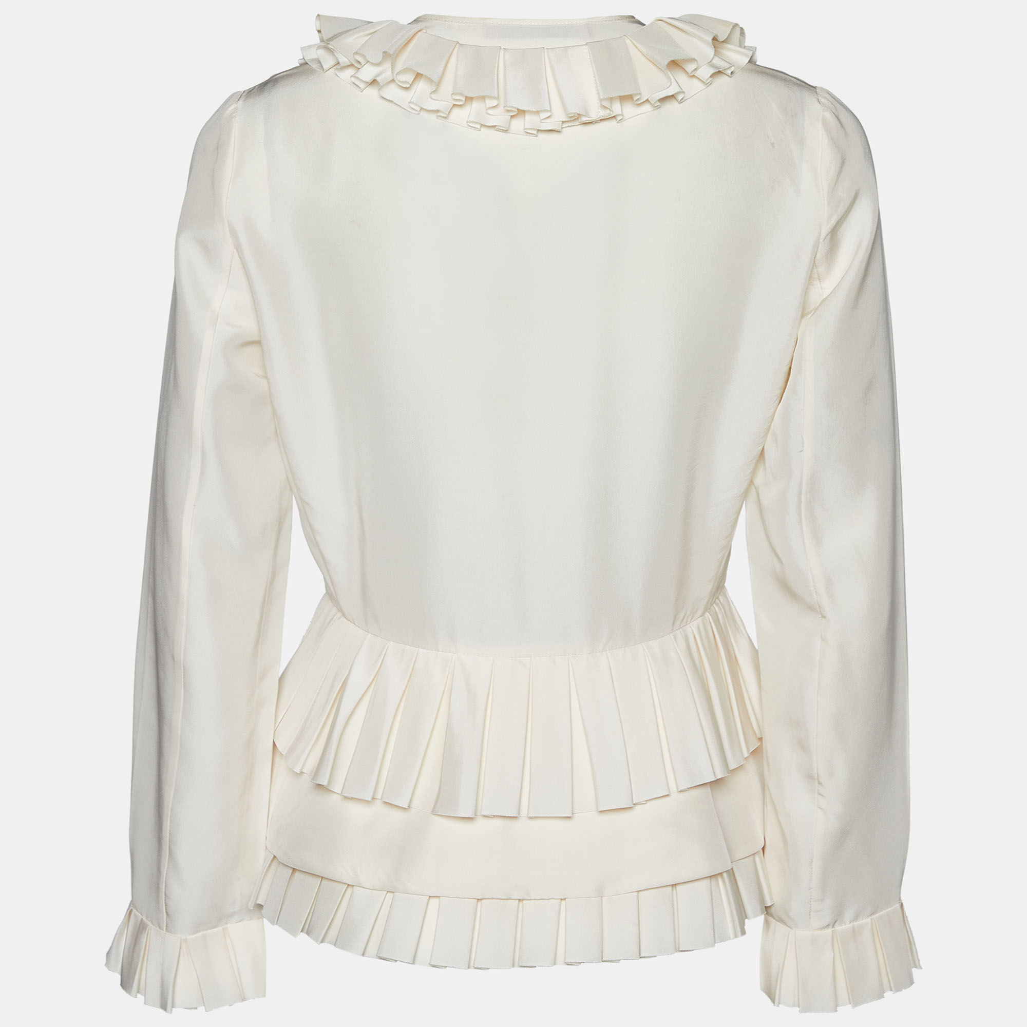 

CH Carolina Herrera Cream Silk Pleated Ruffle Detail Top