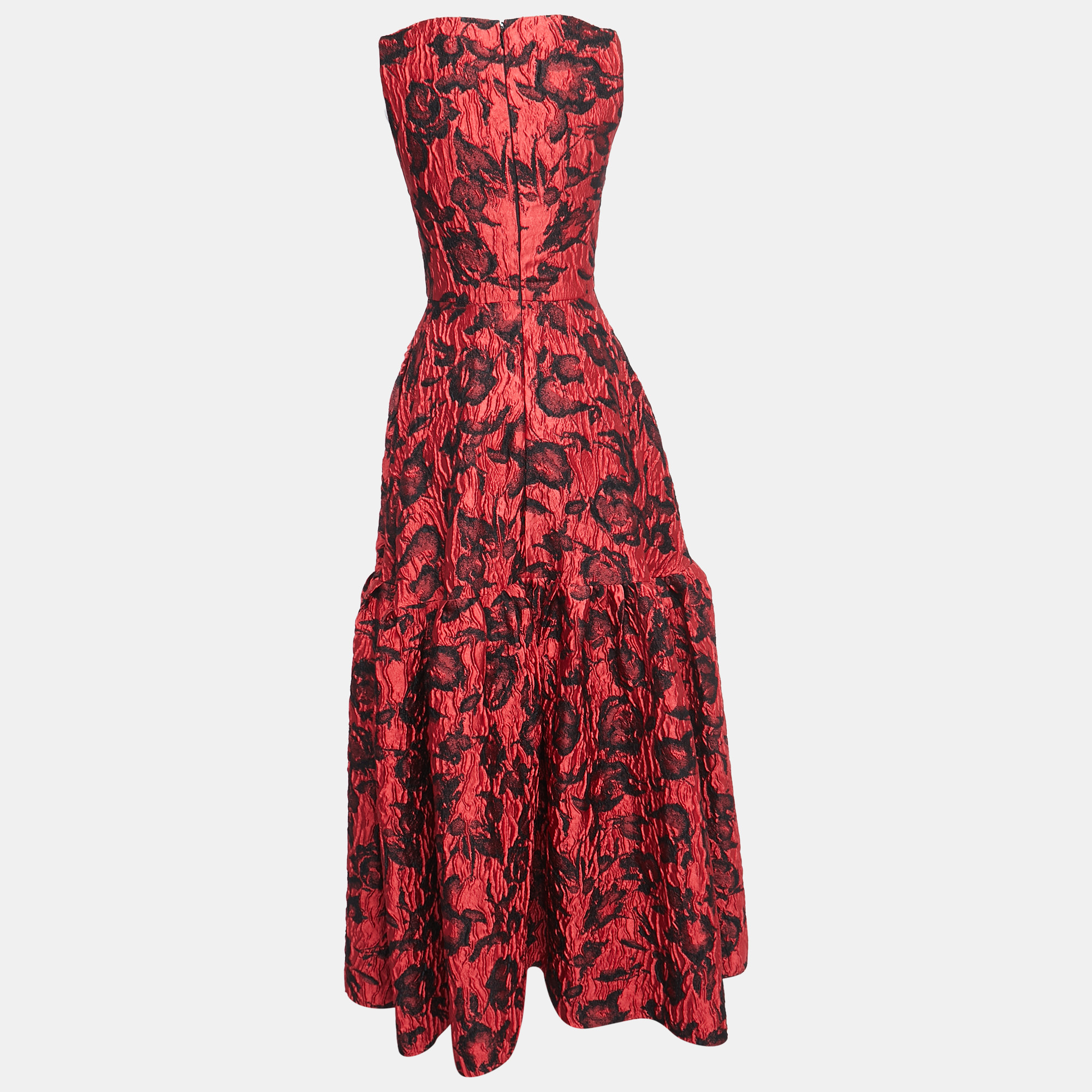 

CH Carolina Herrera Red Floral Jacquard Sleeveless Flared Maxi Dress
