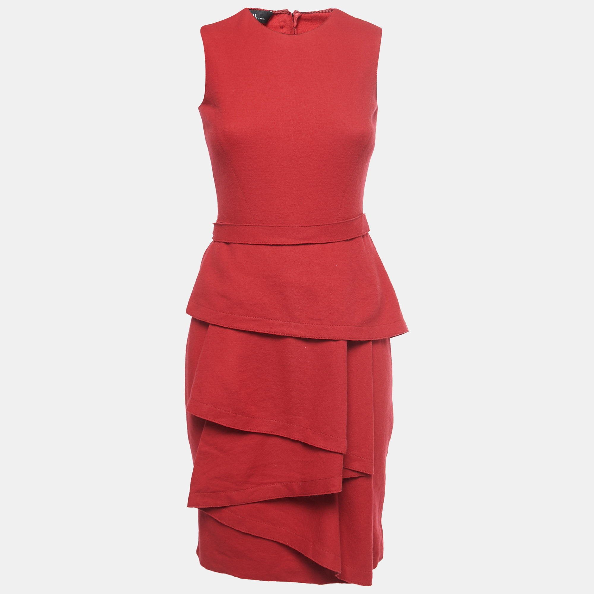Pre-owned Ch Carolina Herrera Red Wool Drape Detail Sleeveless Belted Short Dress S