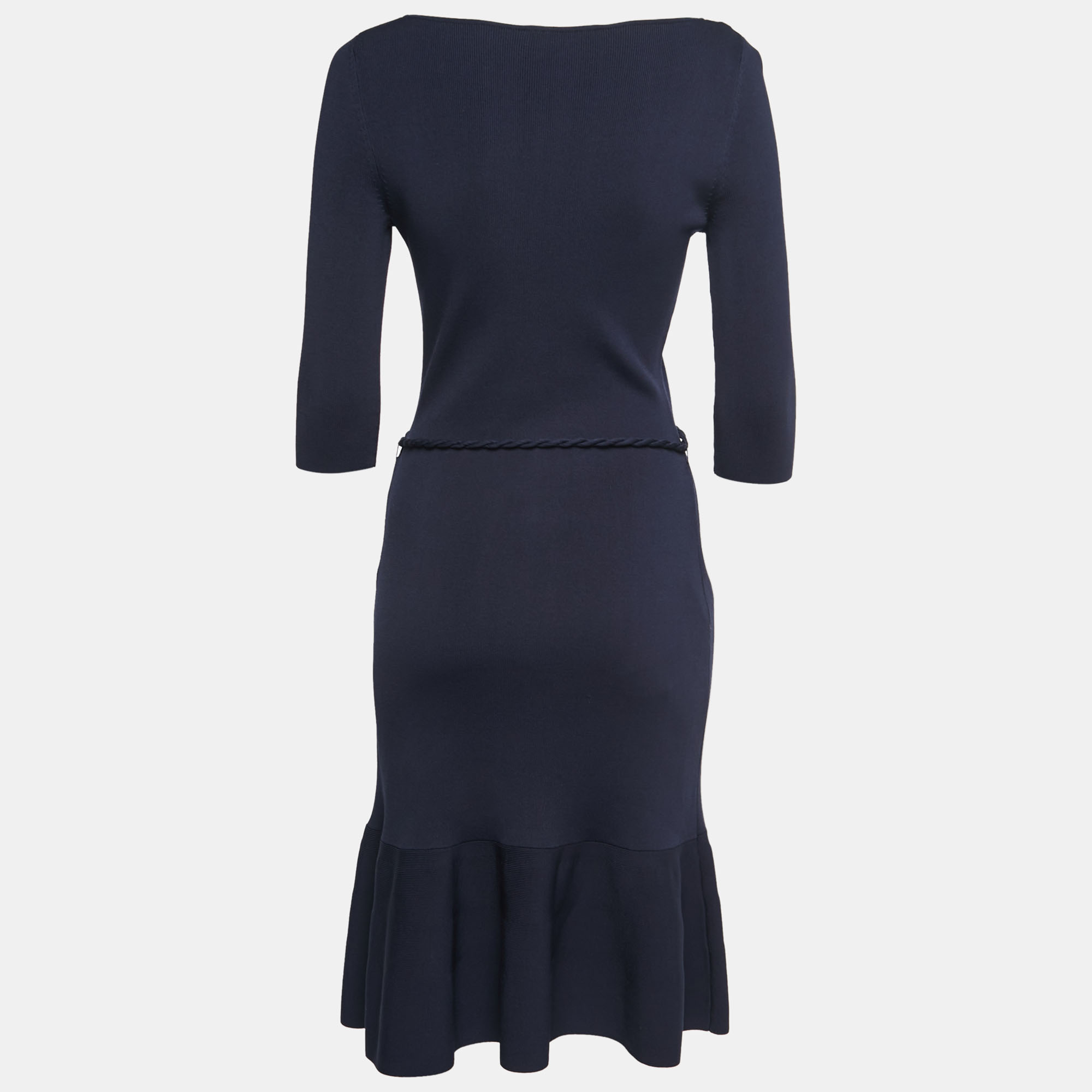 

CH Carolina Herrera Navy Blue Knit Belted Midi Dress