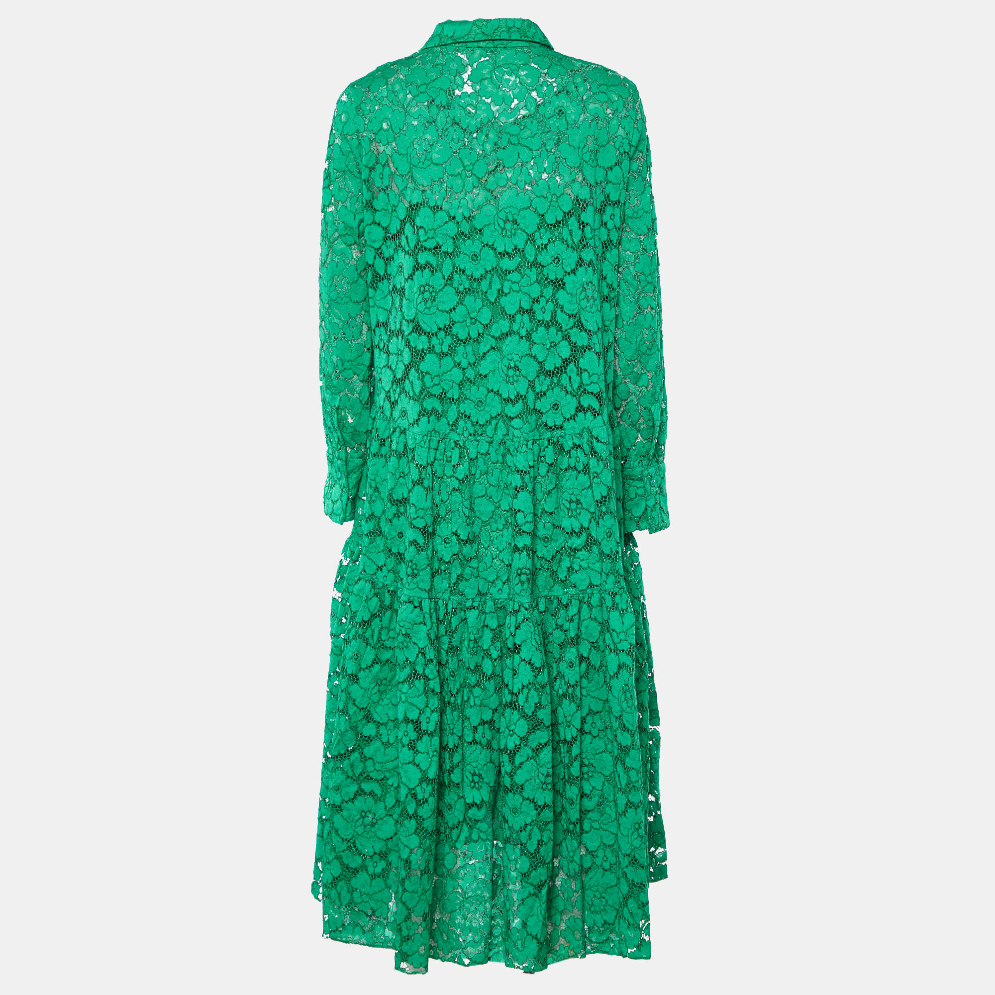 

CH Carolina Herrera Green Floral Lace Tiered Midi Dress