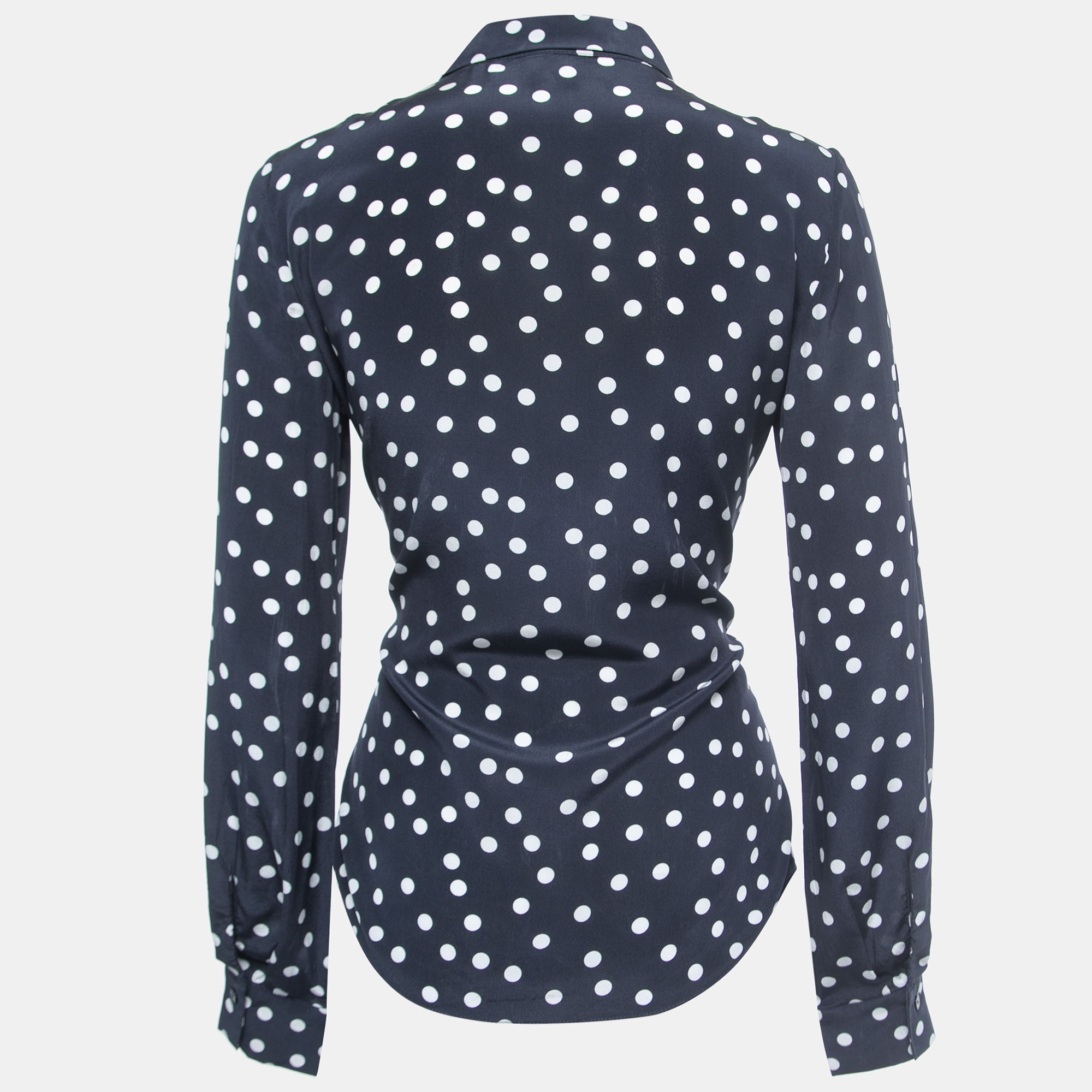 

CH Carolina Herrera Navy Blue Polka Dot Printed Silk Waist Tie Detail Shirt