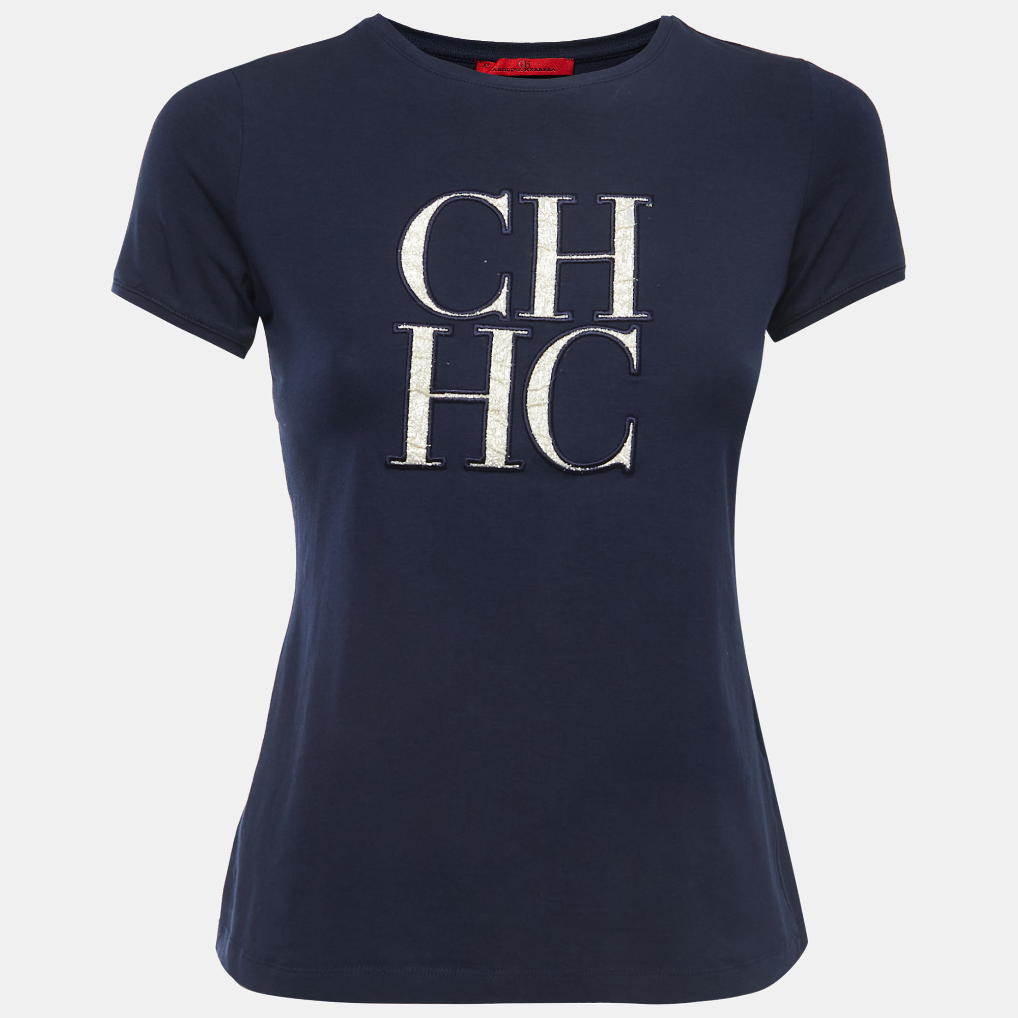 Pre-owned Ch Carolina Herrera Navy Blue Logo Patch Cotton Crew Neck Short Sleeve T-shirt Xs