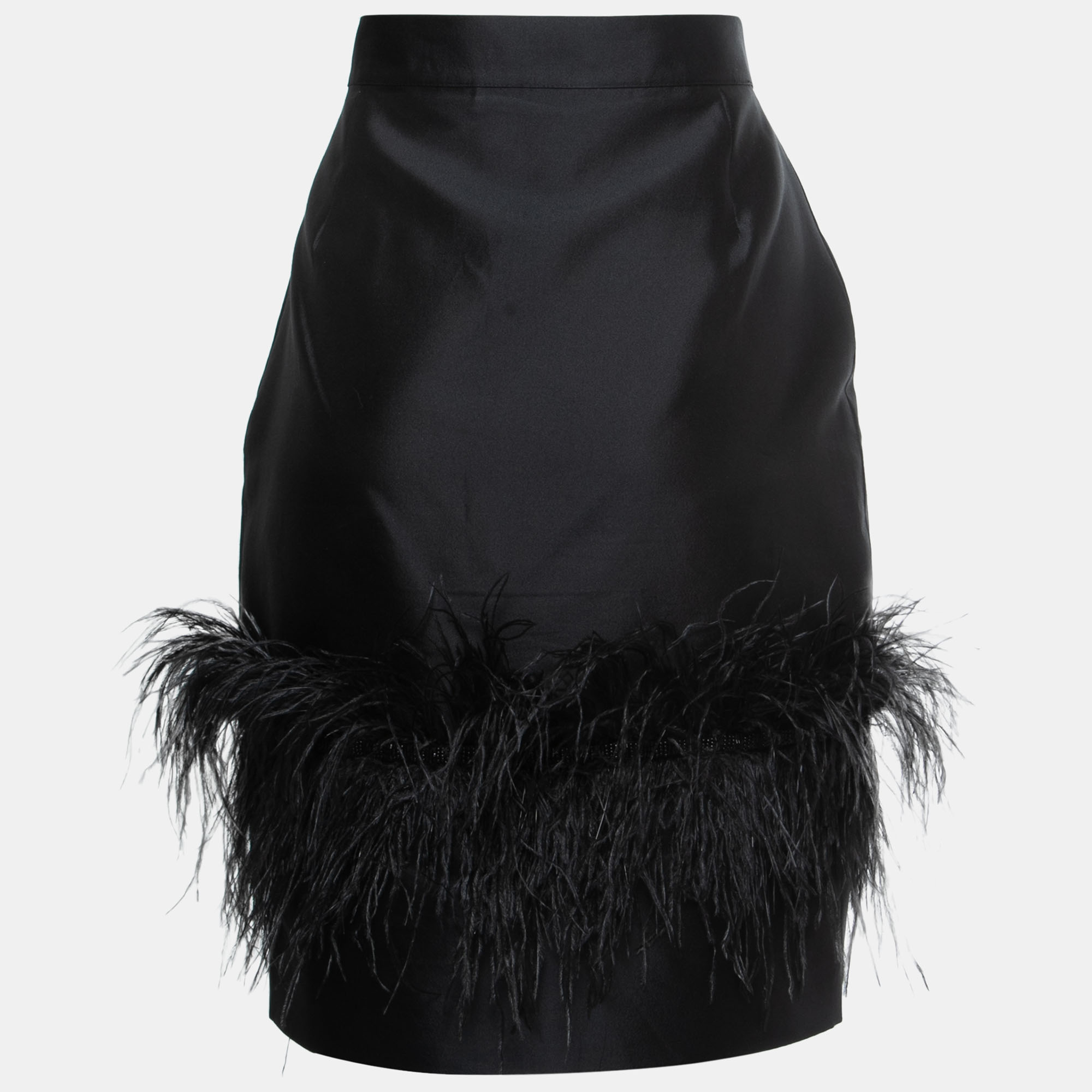

CH Carolina Herrera Black Silk Blend Feather Trimmed Knee Length Skirt