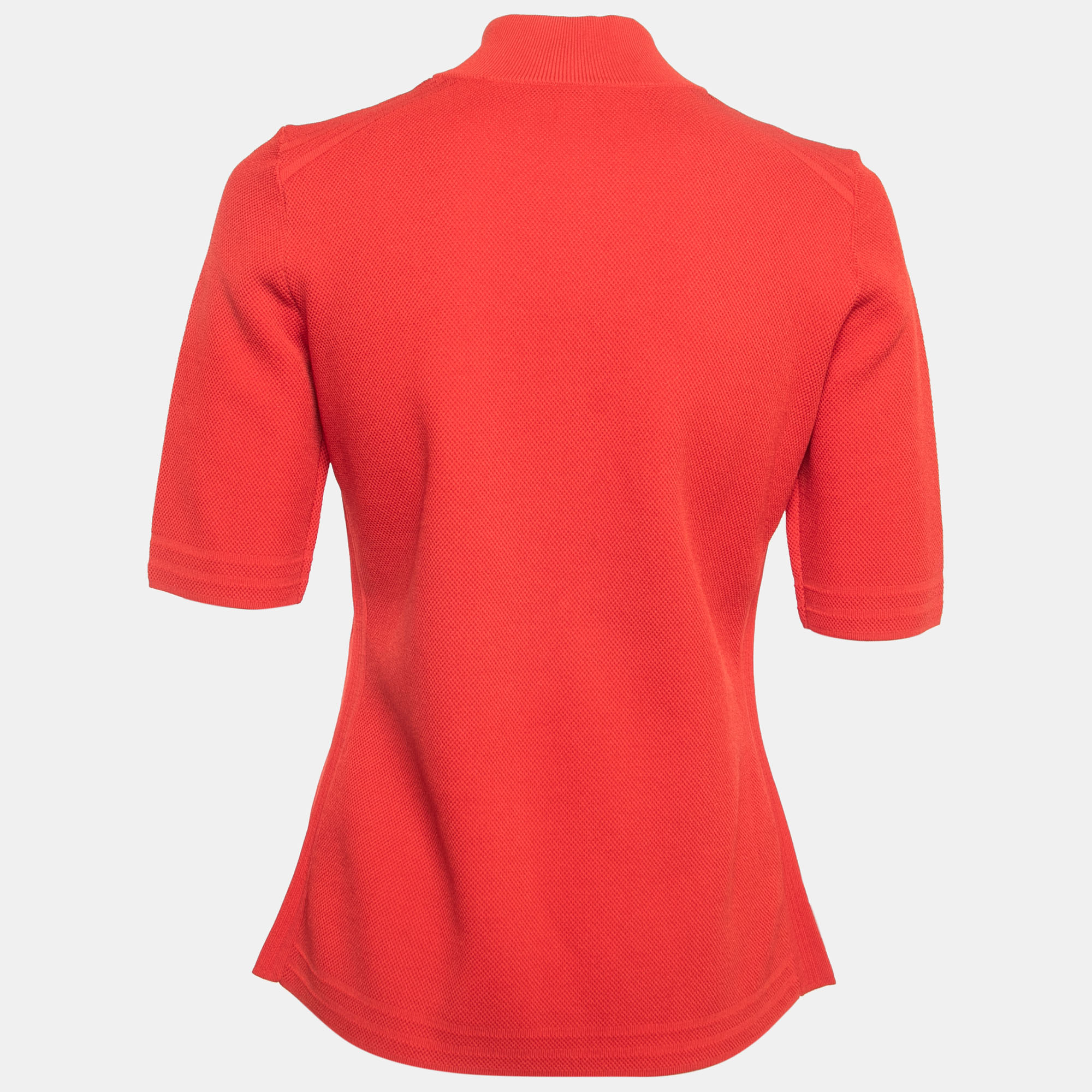 

CH Carolina Herrera Red Perforated Knit Zip Up High Neck Polo T-Shirt