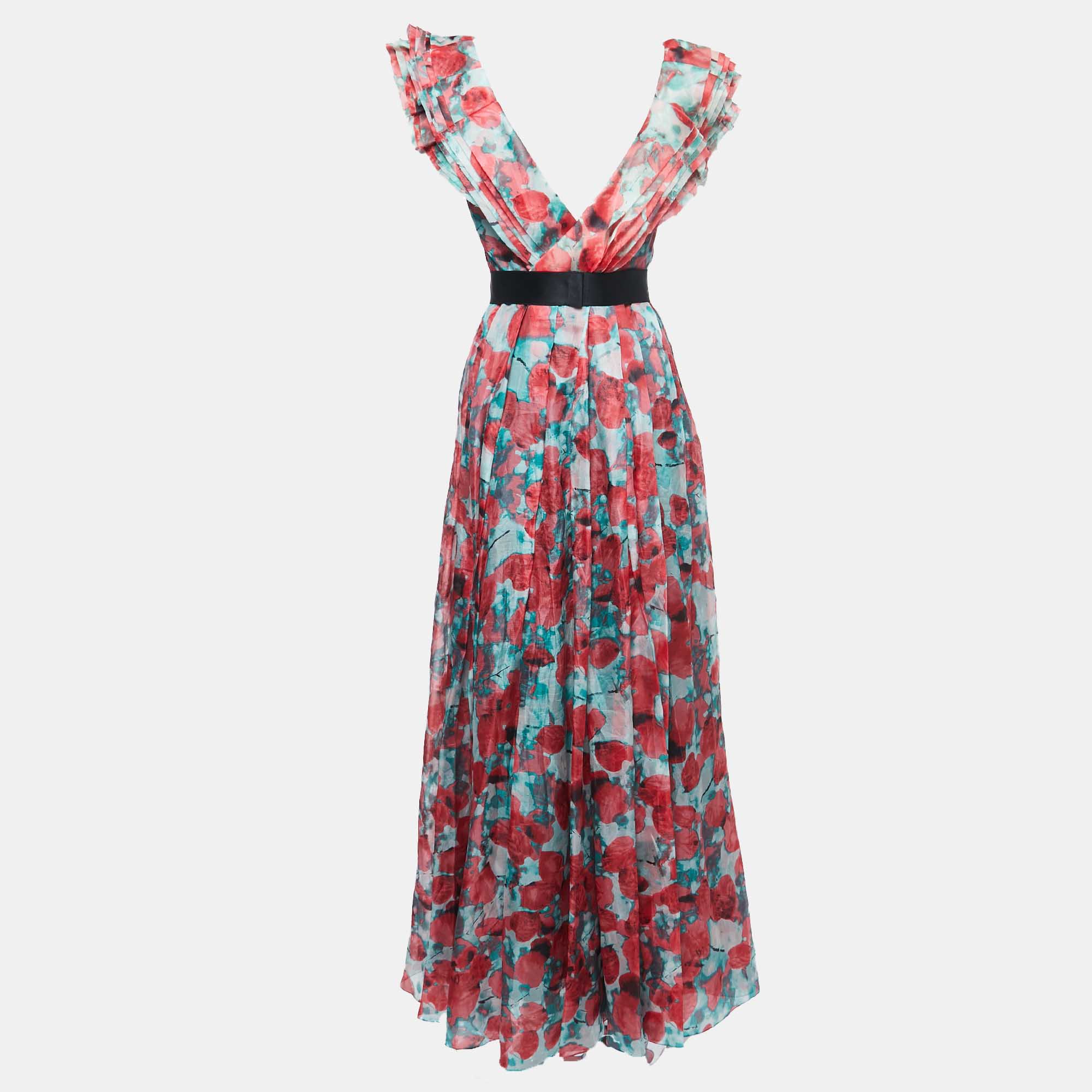 

CH Carolina Herrera Red Floral Print Silk Ruffled Belted Maxi Dress