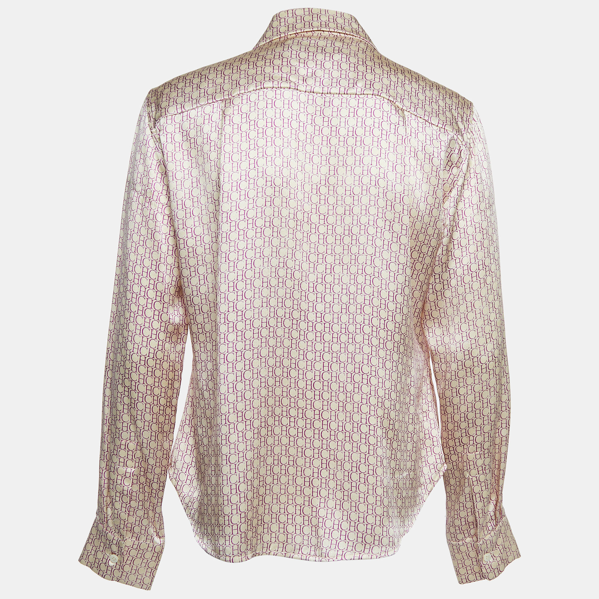 

CH Carolina Herrera Cream Logo Print Satin Silk Buttoned Shirt