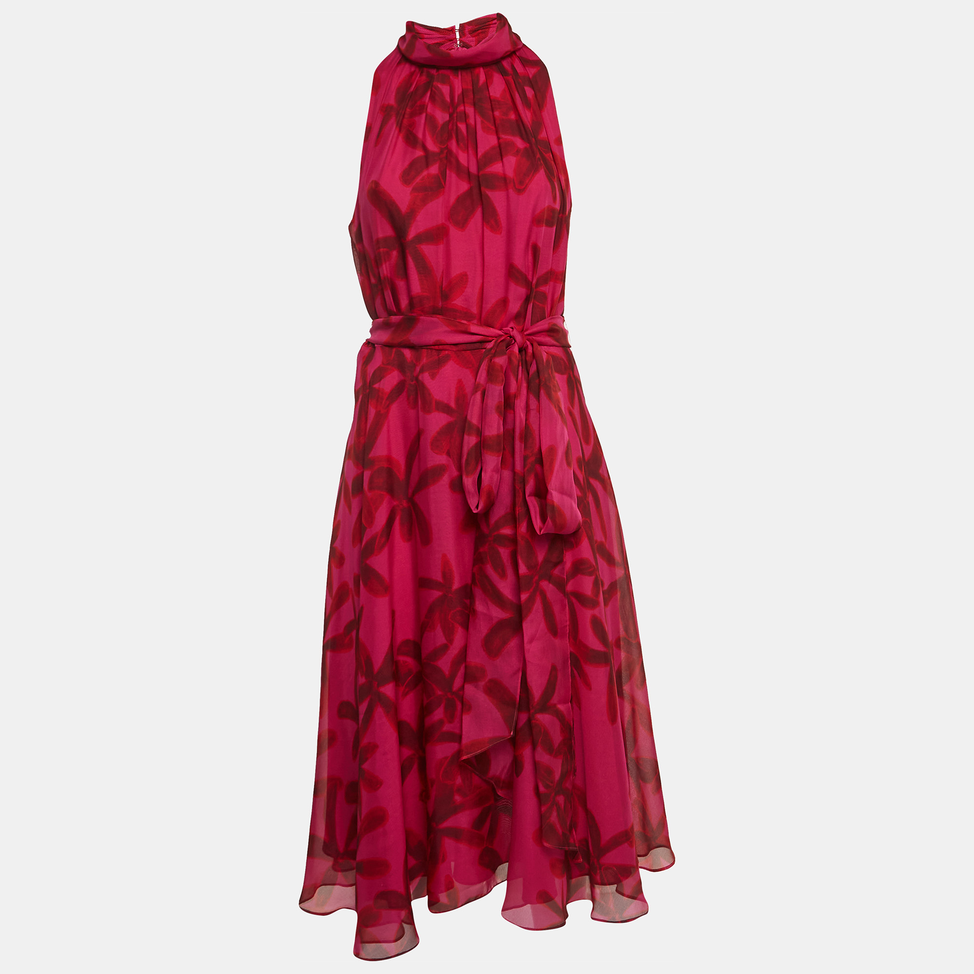 Pre-owned Ch Carolina Herrera Pink Floral Print Silk Waist Tie-up Midi Dress M