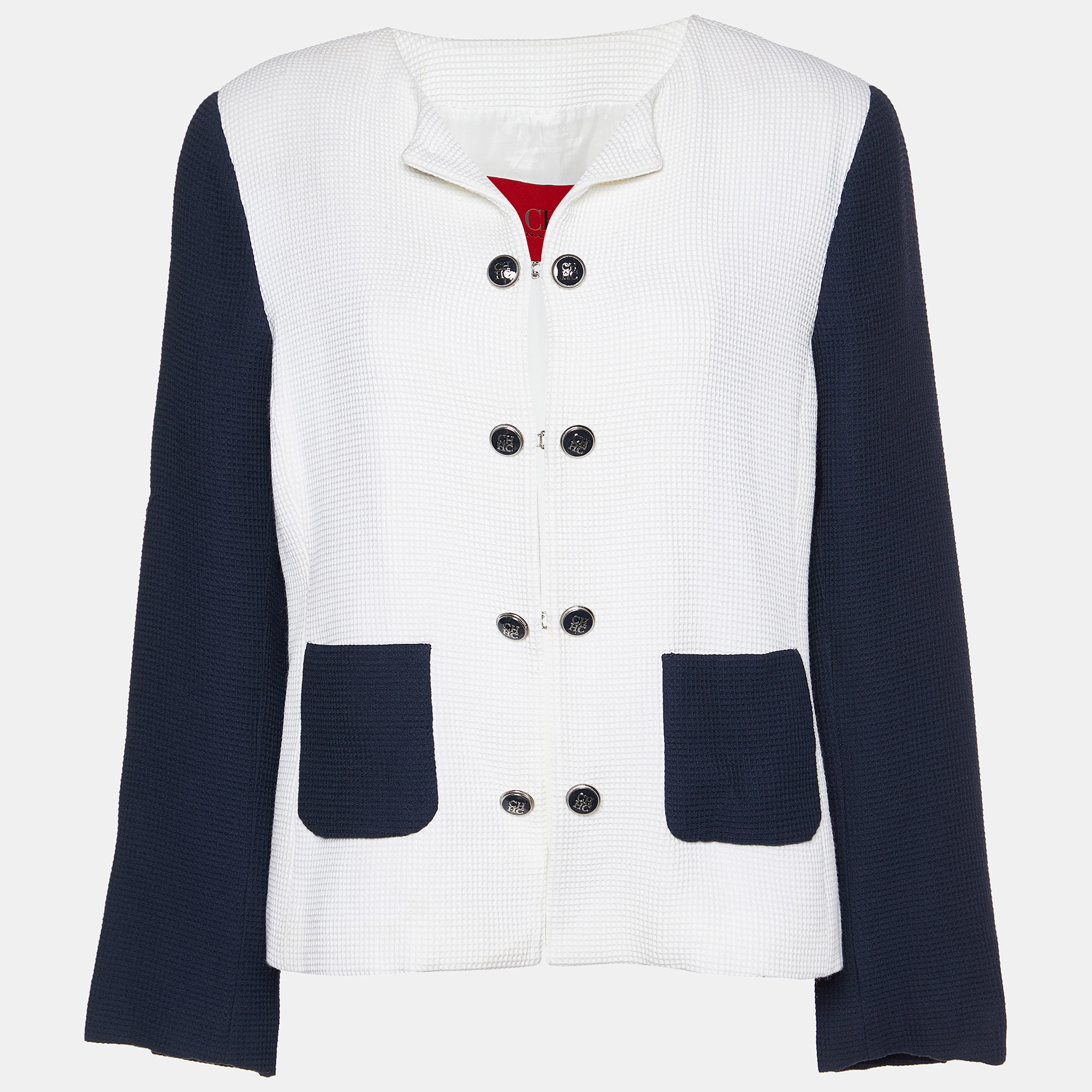 

CH Carolina Herrera White/Navy Blue Textured Cotton Jacket L