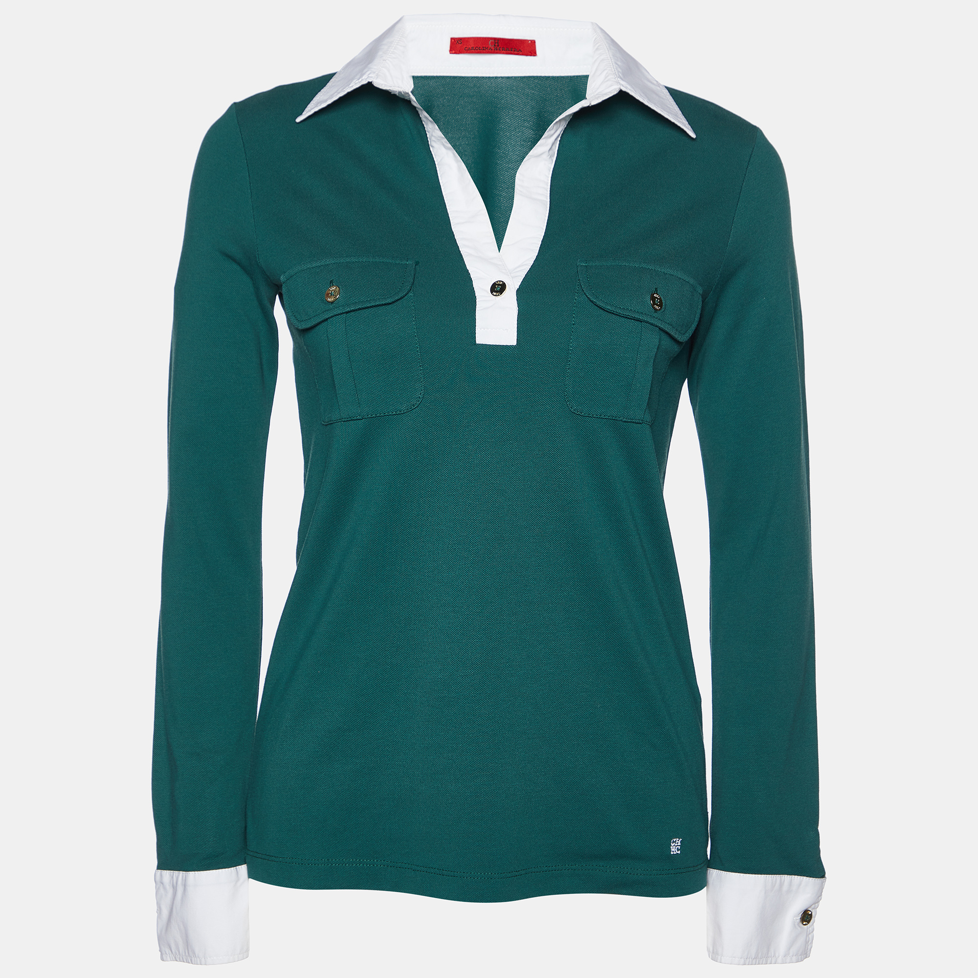 Pre-owned Ch Carolina Herrera Green Pique Cotton Long Sleeve T-shirt Xs