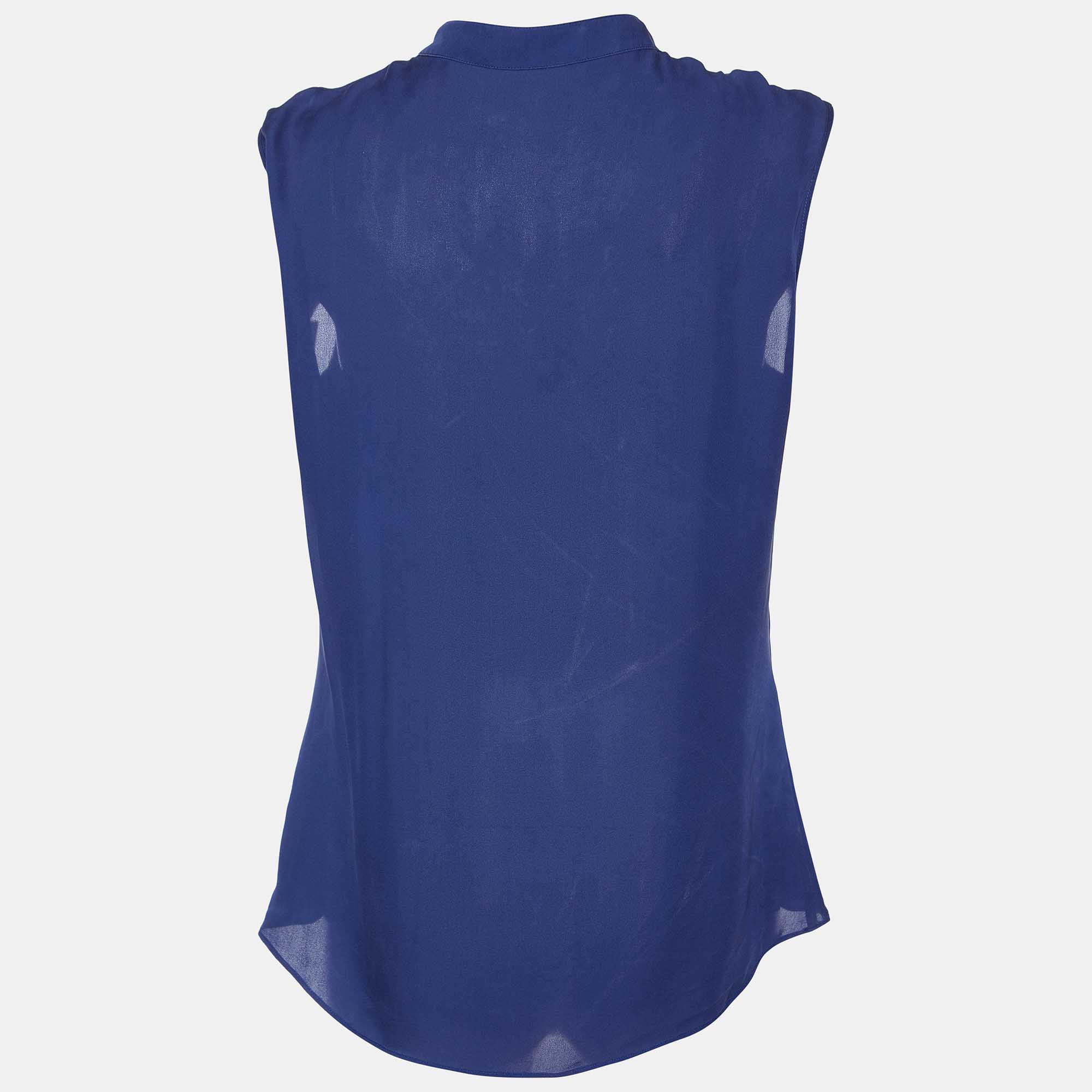 CH Carolina Herrera Navy Blue Silk Sleeveless Blouse M 