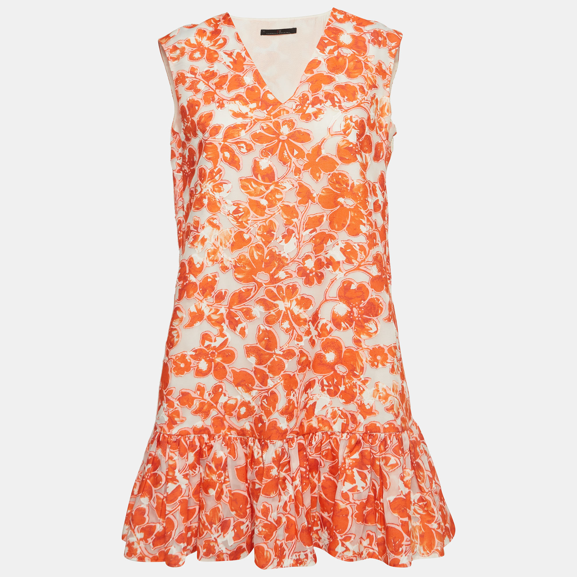 

CH Carolina Herrera Orange Floral Cotton Blend Mini Flounce Dress M