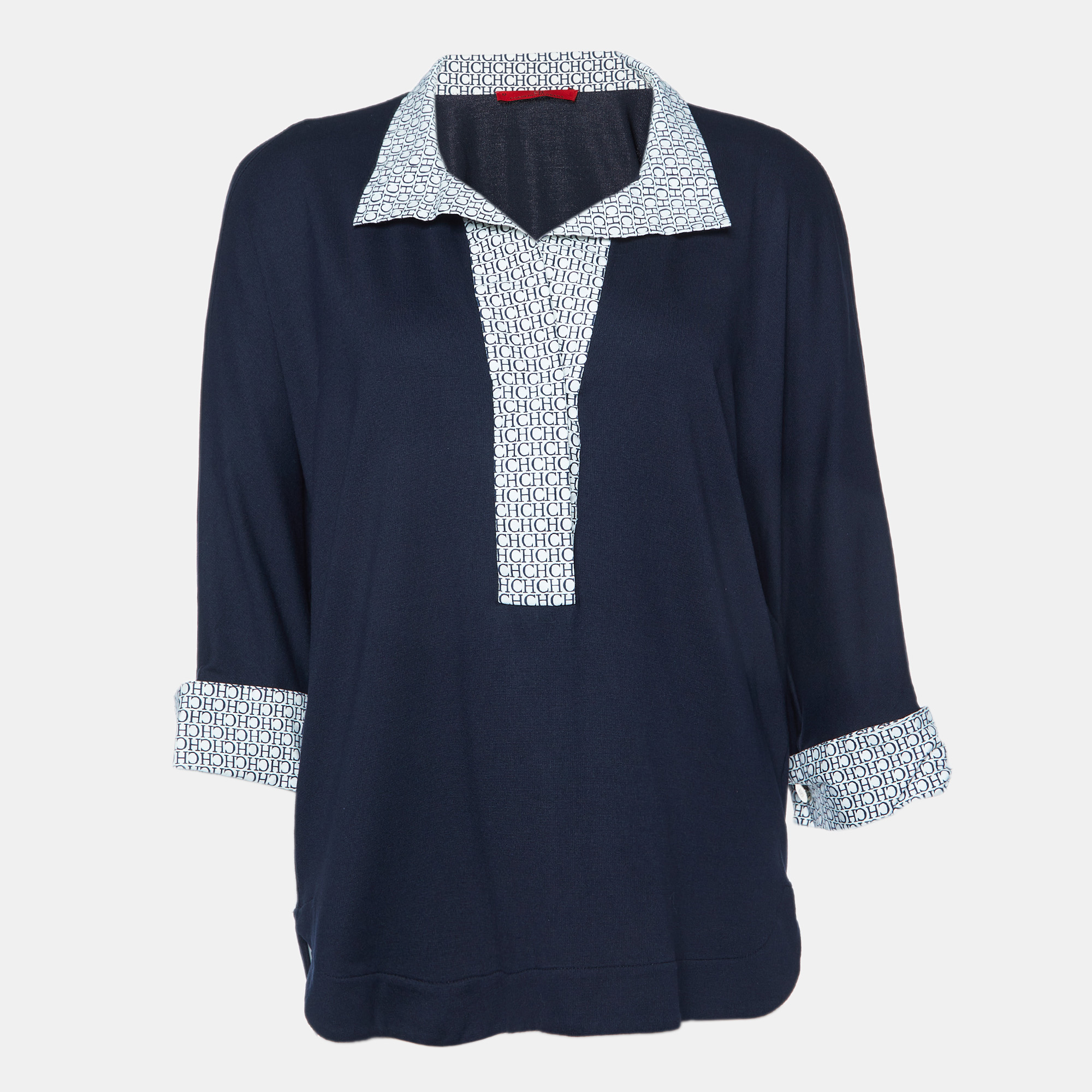 

CH Carolina Herrera Midnight Blue Jersey Logo Collar Polo T-Shirt M, Navy blue