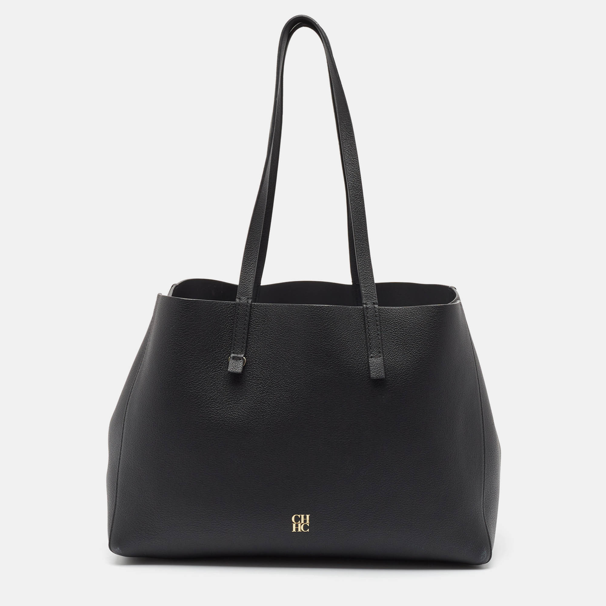 

CH Carolina Herrera Black Leather Editors Shopping Zip Tote