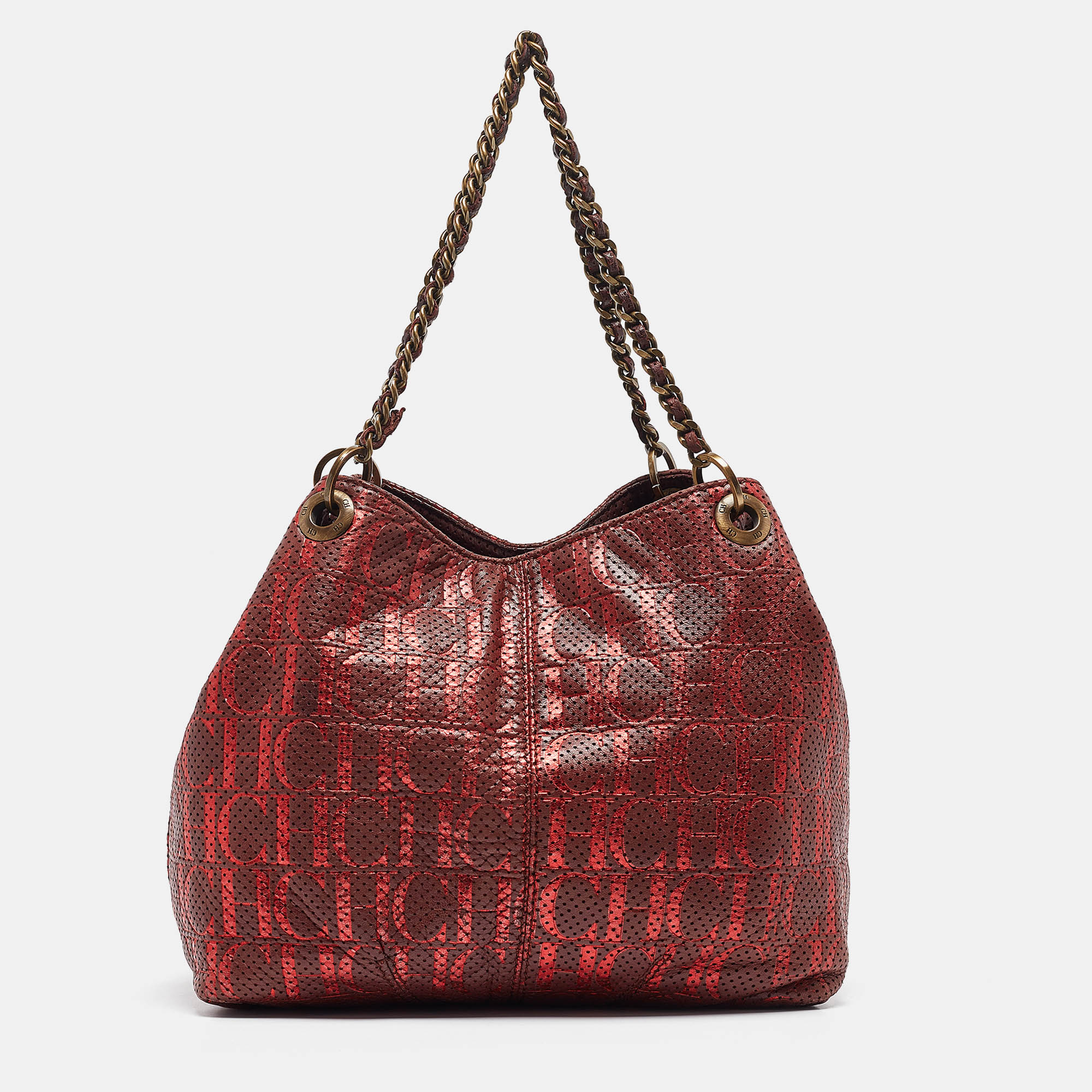 Pre-owned Ch Carolina Herrera Burgundy/red Metallic Perforated Monogram Leather Chain Tote