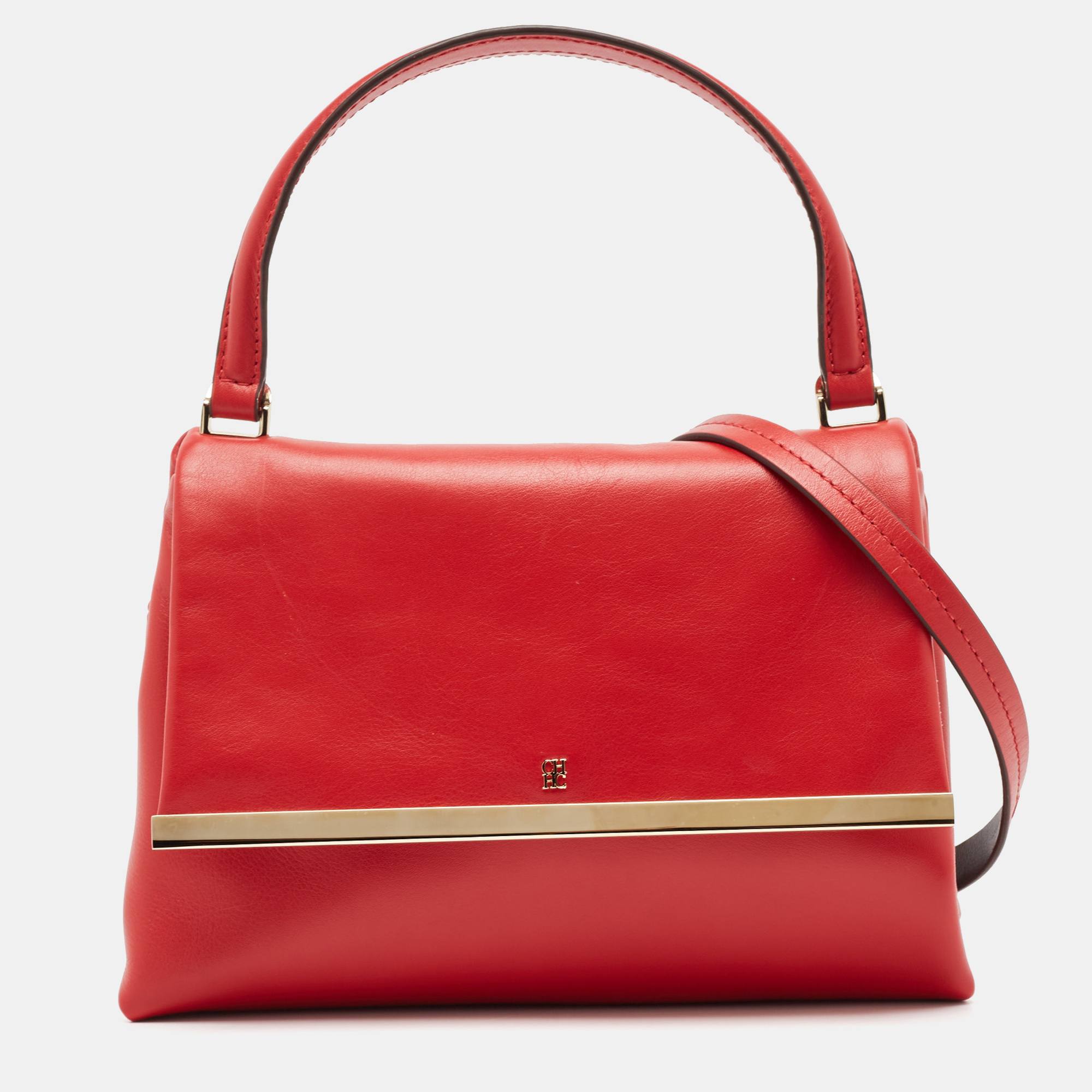 

CH Carolina Herrera Red Leather Metal Bar Flap Top Handle Bag