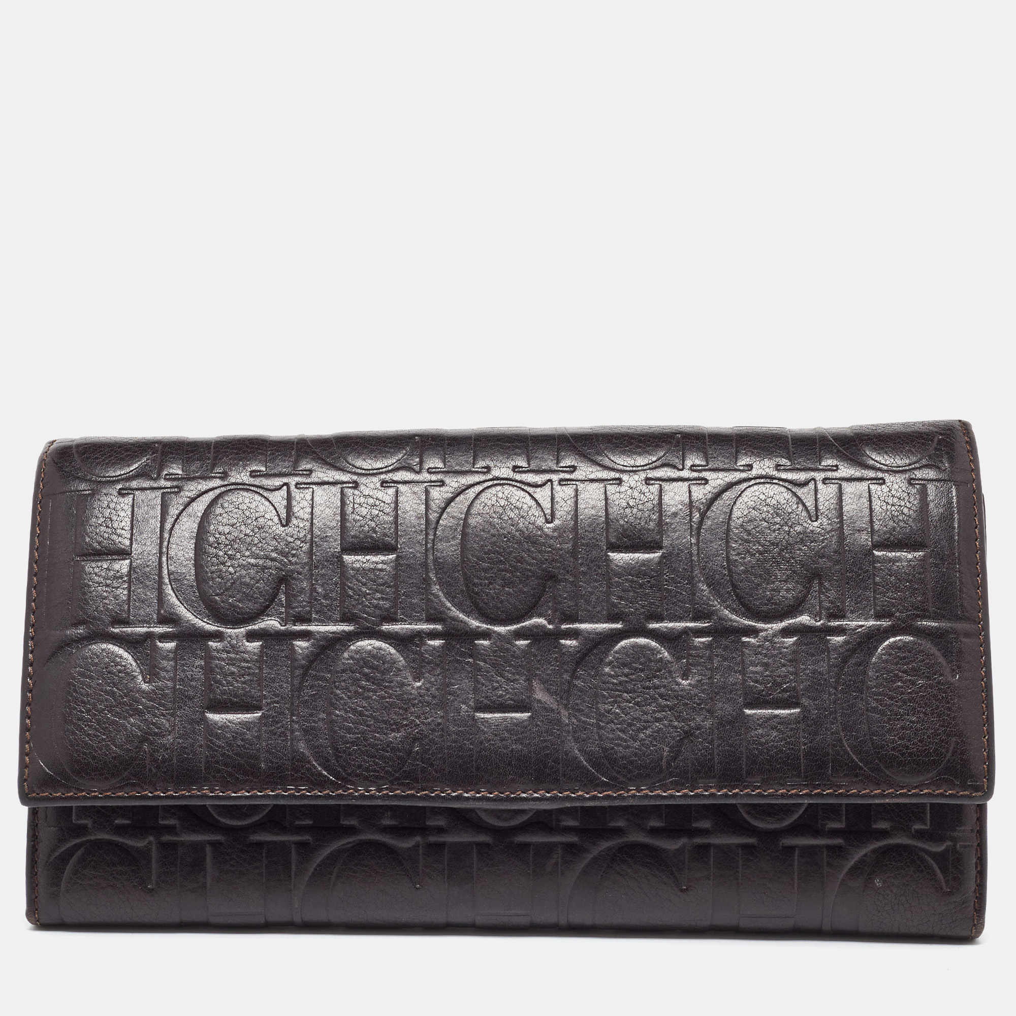 

CH Carolina Herrera Brown Monogram Embossed Leather Trifold Clutch