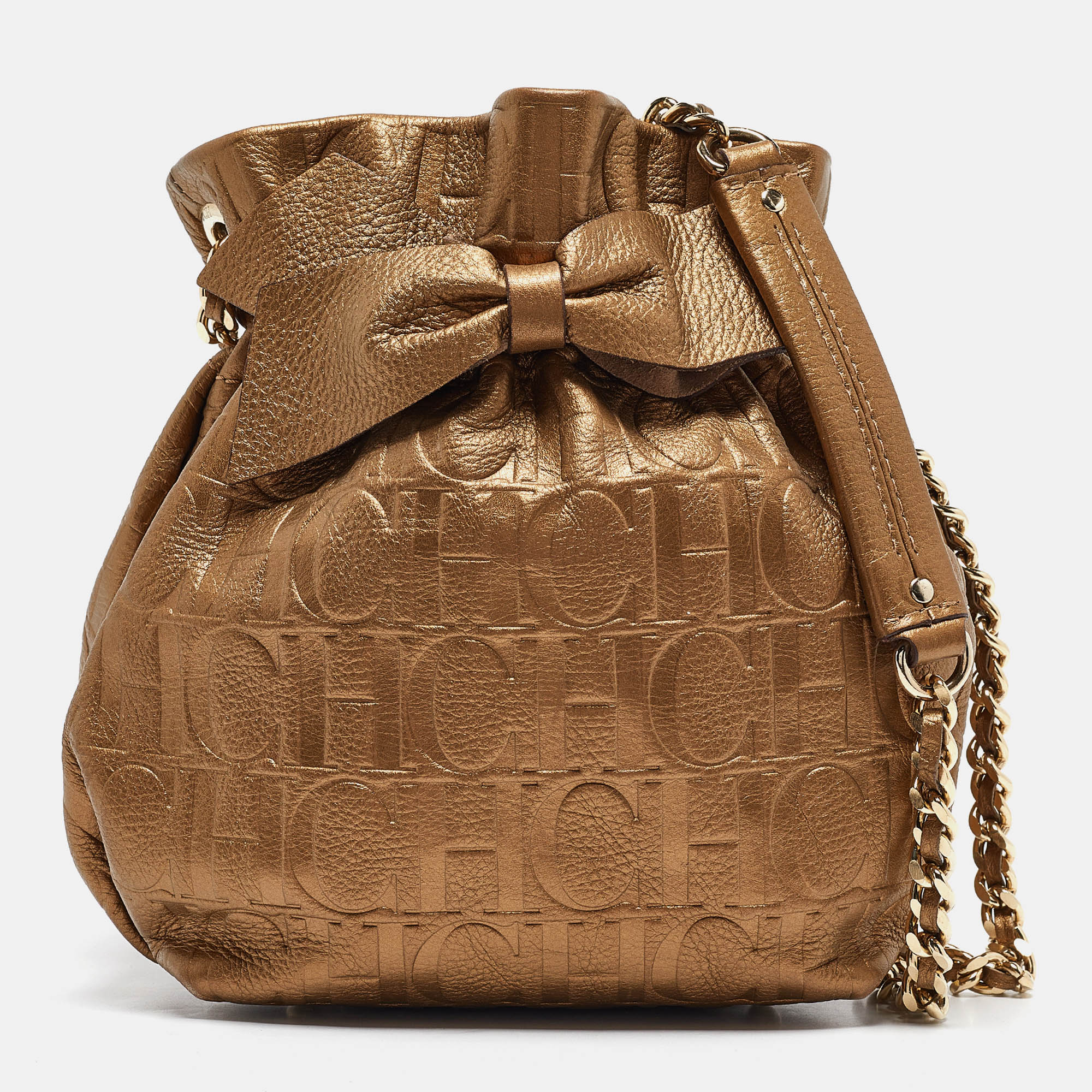 

CH Carolina Herrera Gold Monogram Embossed Leather Bow Bucket Bag