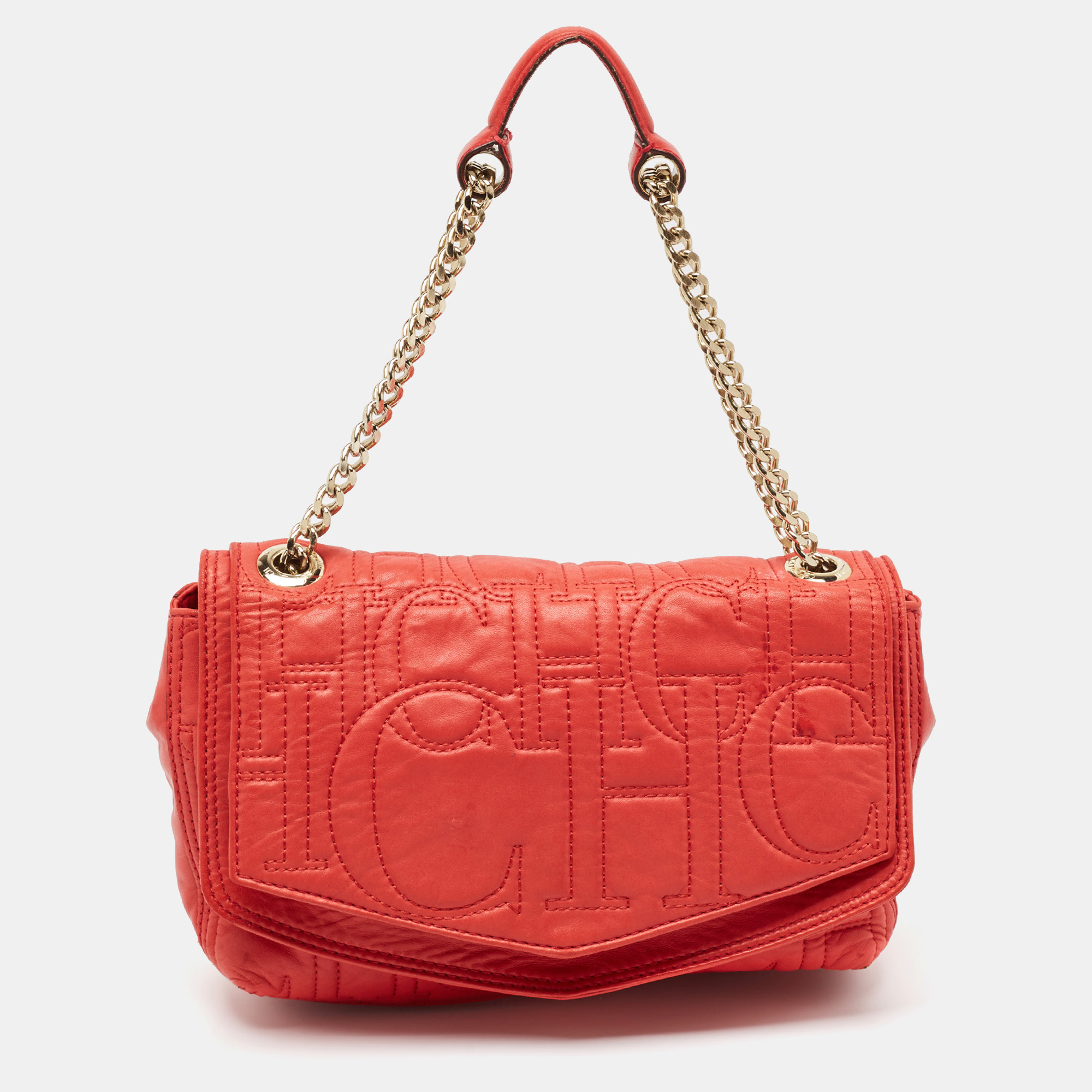 

CH Carolina Herrera Red Monogram Leather Double Flap Shoulder Bag