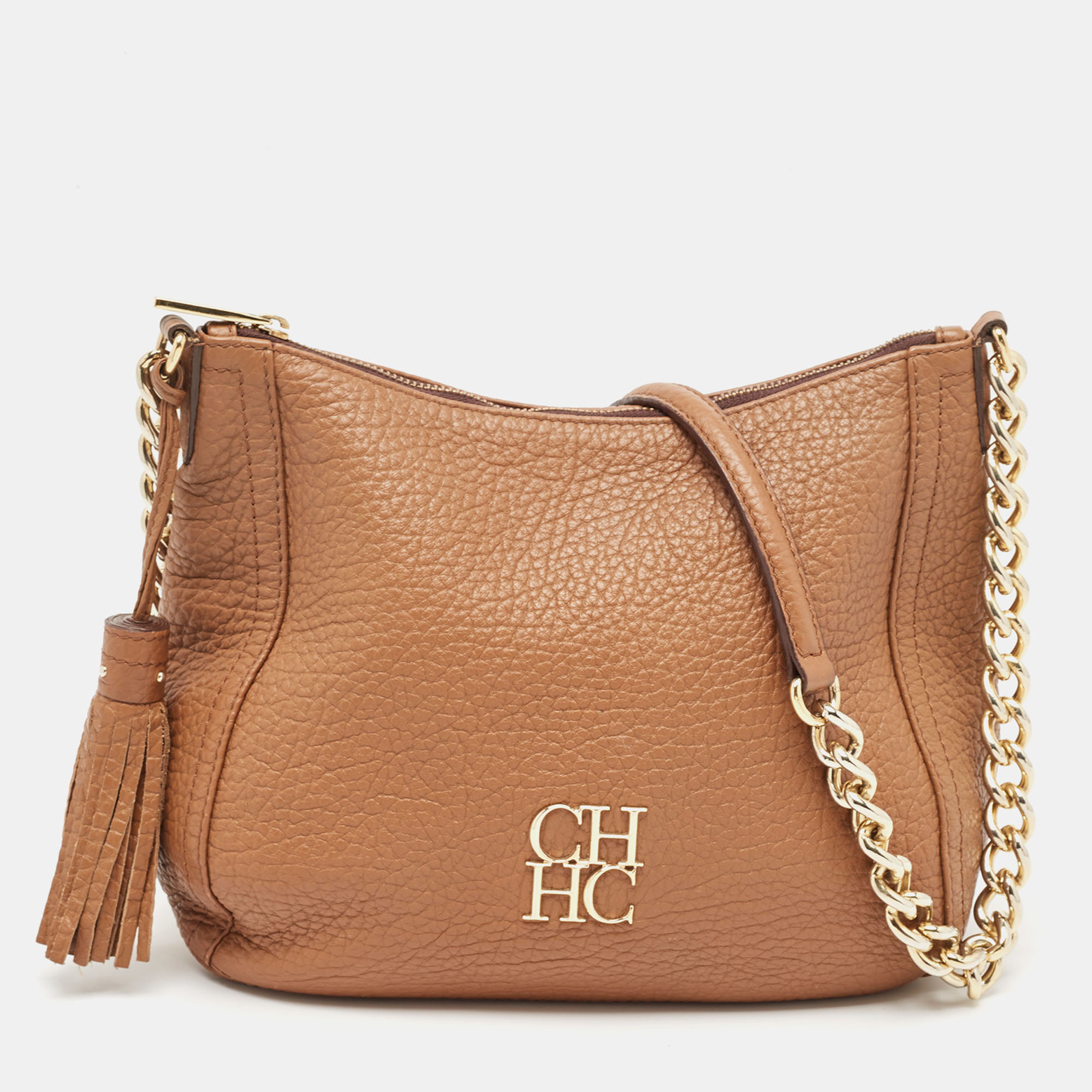 

CH Carolina Herrera Brown Pebbled Leather Chain Tassel Shoulder Bag