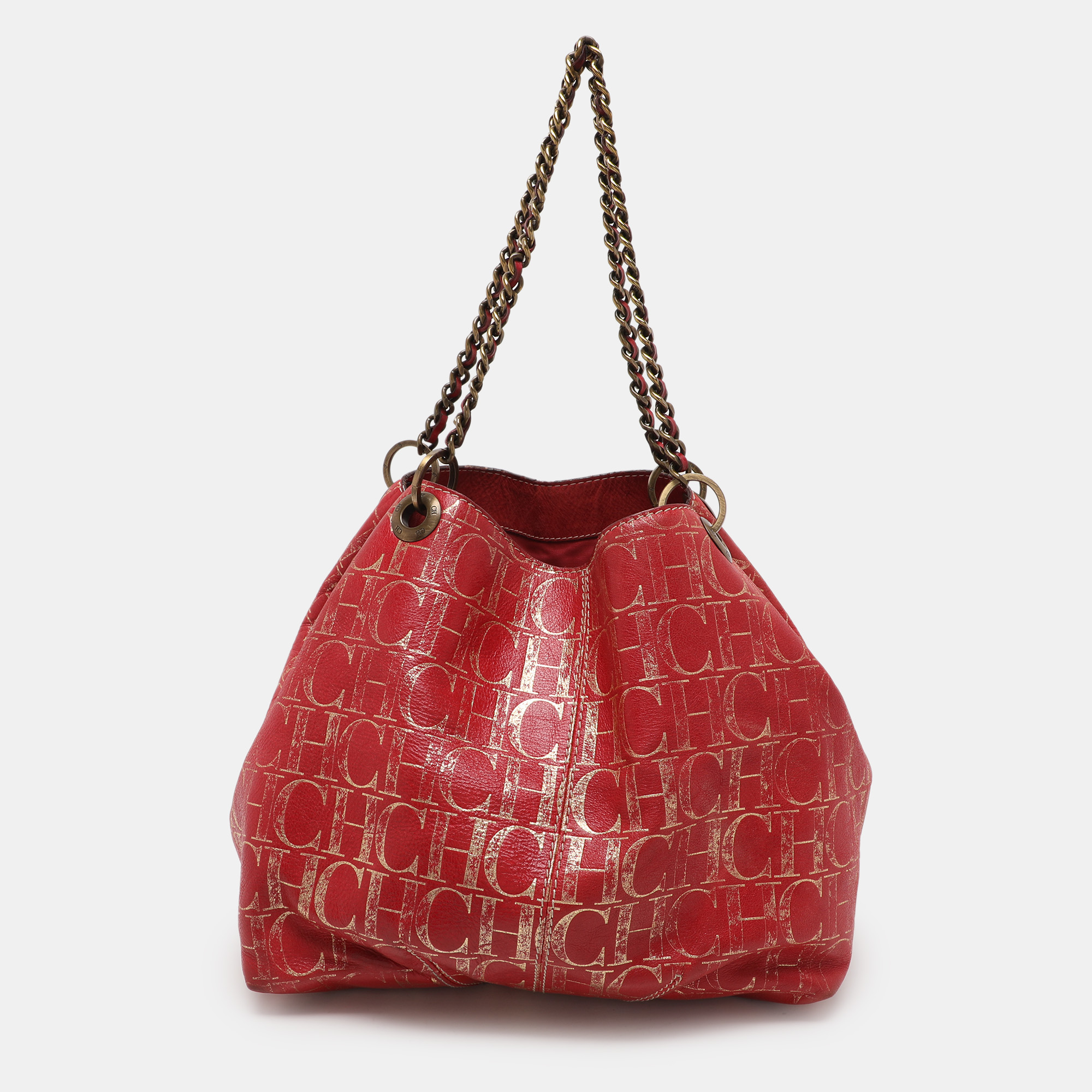 

CH Carolina Herrera Red Metallic Monogram Leather Chain Tote