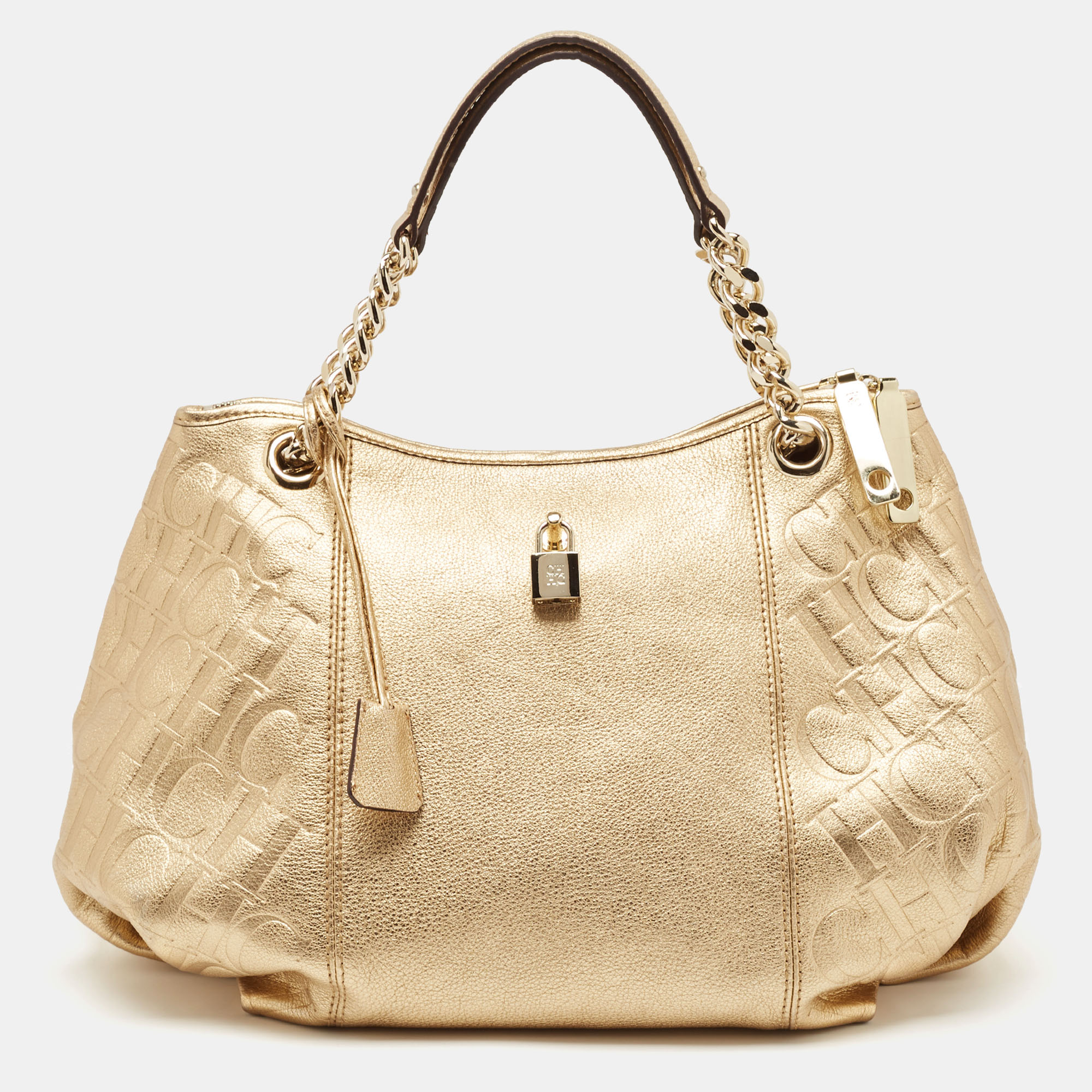 

CH Carolina Herrera Gold Monogram Embossed Leather Dahlia Hobo