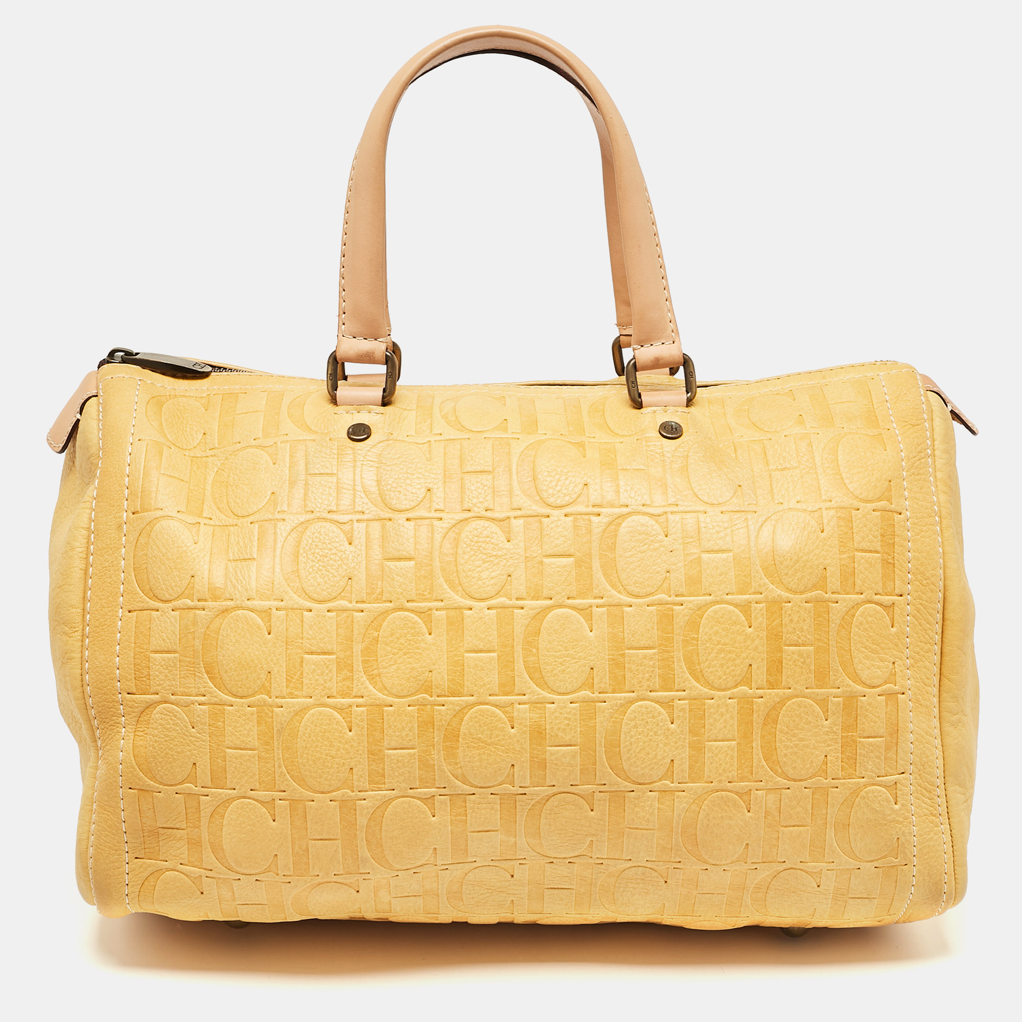 

CH Carolina Herrera Yellow Monogram Embossed Leather  Andy Boston Bag