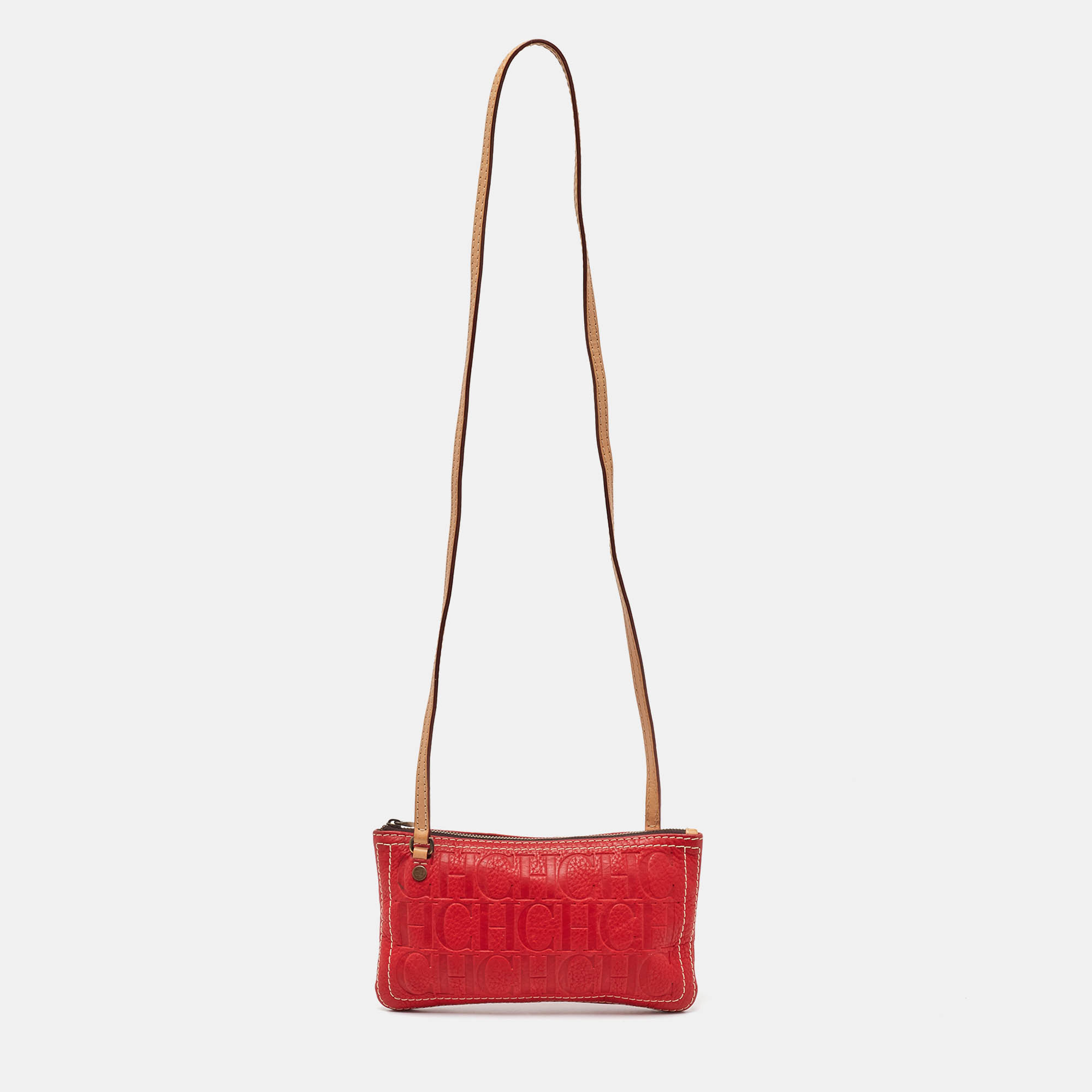 

CH Carolina Herrera Red Monogram Embossed Leather Shoulder Bag