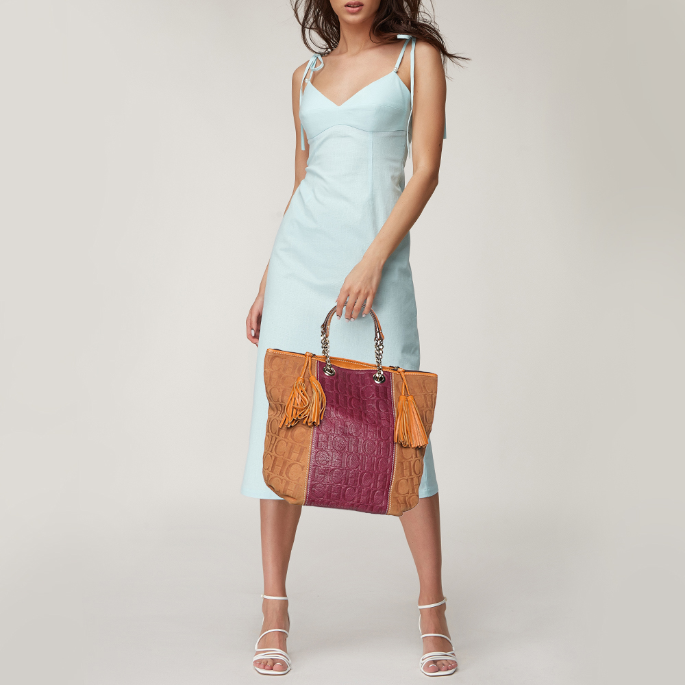CH Carolina Herrera Tri Color Leather and Suede Tassel Tote 