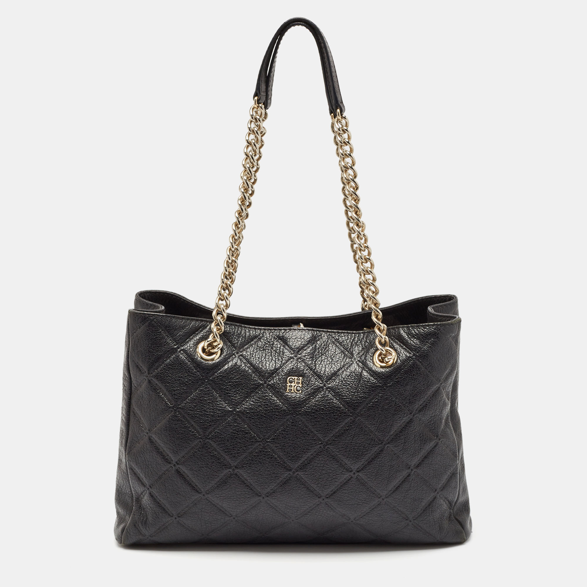 

CH Carolina Herrera Black Quilted Embossed Leather Chain Tote