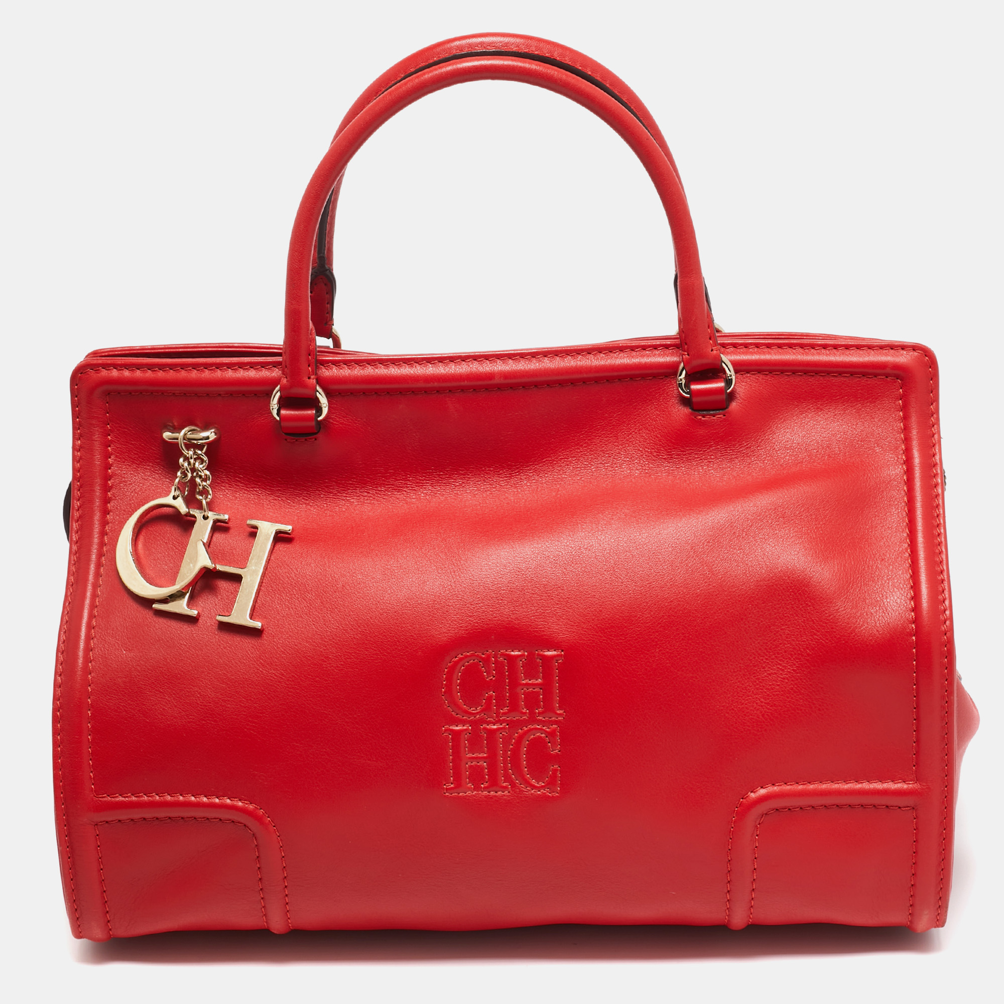 

CH Carolina Herrera Red Leather East/West Logo Charm Tote